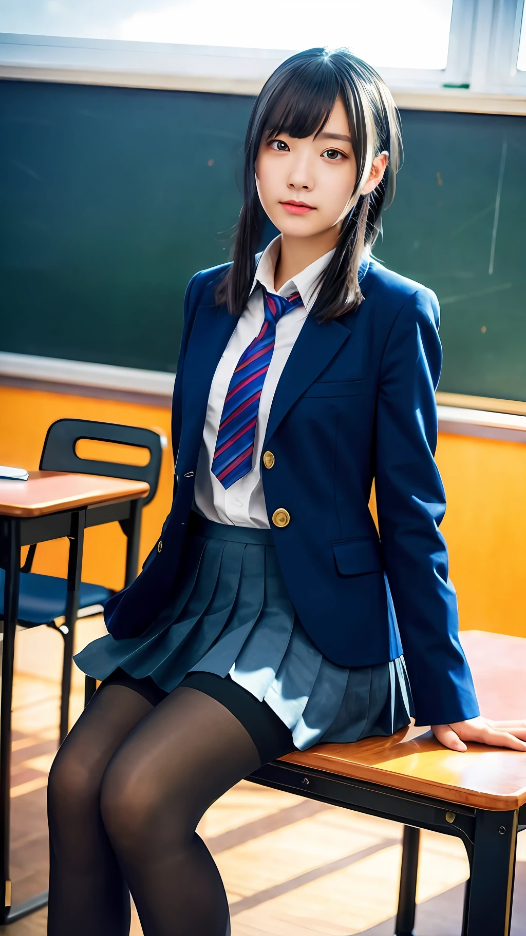 masterpiece, best quality, ultra-detailed, illustration, colorful, falt color, depth of field, lens flare,
1girl, anime, sitting, black hair, looking at viewer,school, classroom, pleated miniskirt , school uniform, serafuku, black pantyhose, detailed skin texture, detailed cloth texture, beautiful detailed face,