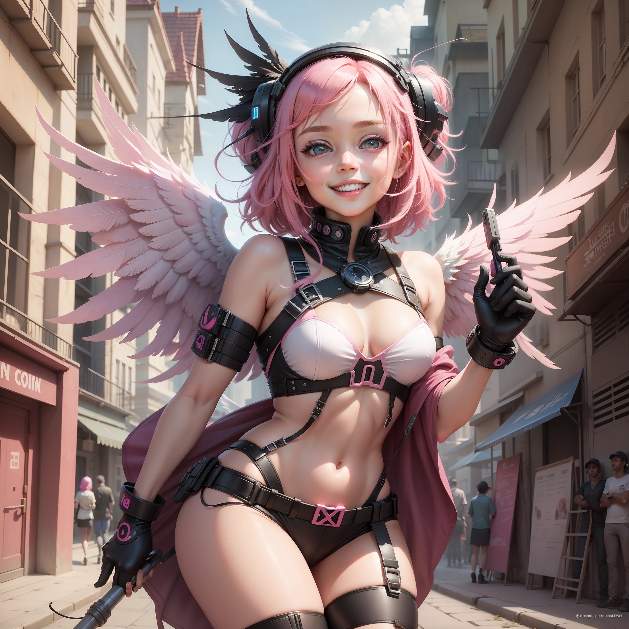 ciberpunk GIRL Wings of an Angel pink hair BEST QUALITY A Masterpiece smiling smile beautiody flawless
