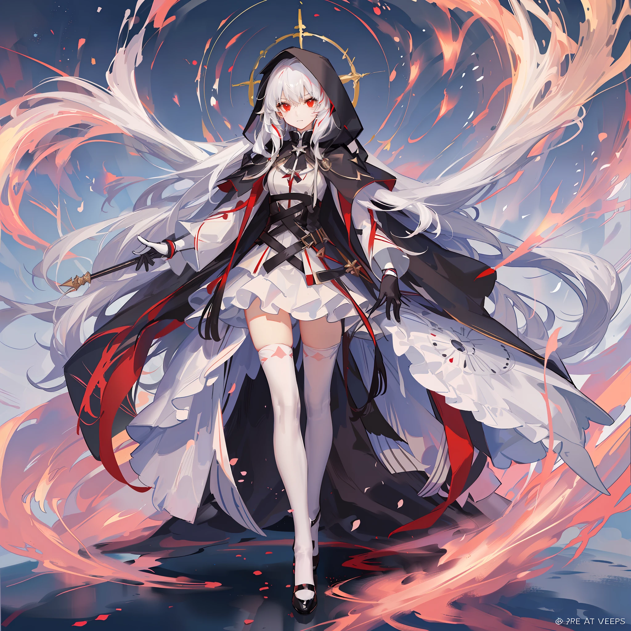 Maiden, white stockings, round red thread striped road black robe, hood, cape, red eyes, long white hair, faint smile, standing posture, full body, mage, holy girl