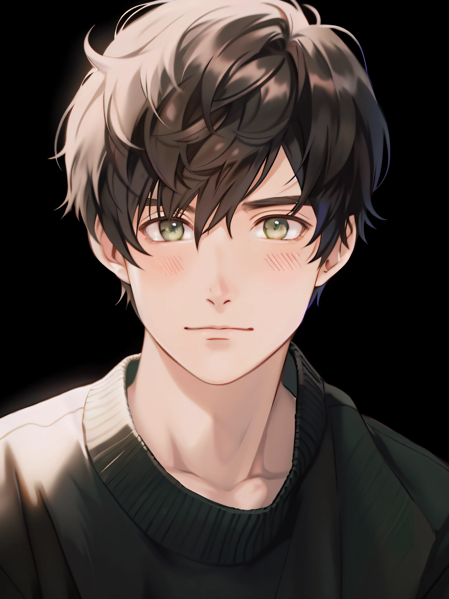 Chagrined, anime boy with black hair and green eyes staring at camera, cute realistic portrait, semi-realistic anime, detailed anime soft face made by anime painter studio, anime portrait of handsome man, realistic anime art style, smooth anime CG art, high detail face anime, semi-realistic anime, semi-realistic anime style, Anime style portrait, tall anime man with blue eyes