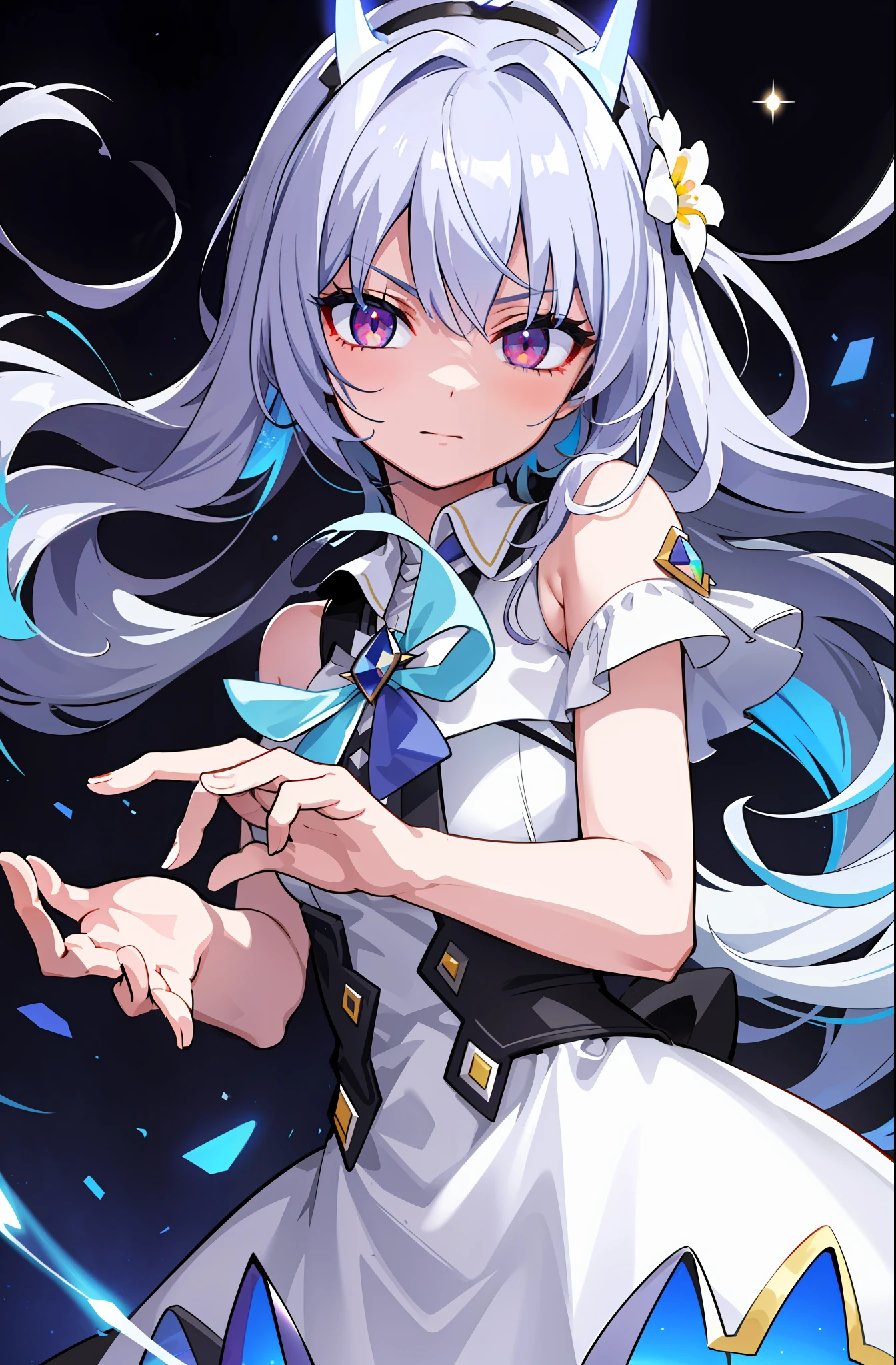 (fine, sharp images, super resolution, extremely amazing detail, awesome detail), subsurface scattering, best ratio of four fingers and thumbs, masterpiece, best quality, high quality, 1girl, solo, prism eye, prism hair, prism, serious, [silver|white] + (blue: -0.3) hair, blue + red eyes, gradient eyes, multicolored eyes, calm, upper body, evening dress, glowing eyes, glowing eyes, glowing white particles, glitter, blooming, fantasy, cave,