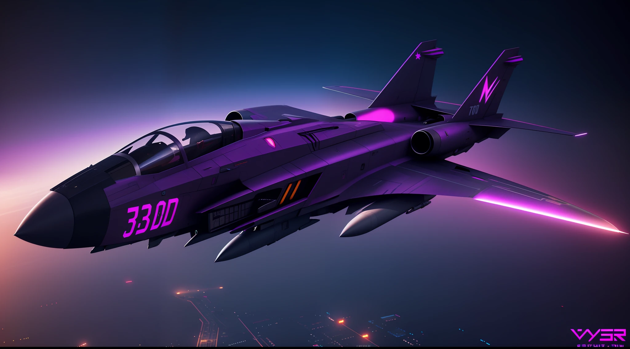 cyberpunk combat jet, 3D rendering in purple light, neon lights, dark moon stars, vibrant, photorealistic, realistic, dramatic, dark, sharp focus, 8k