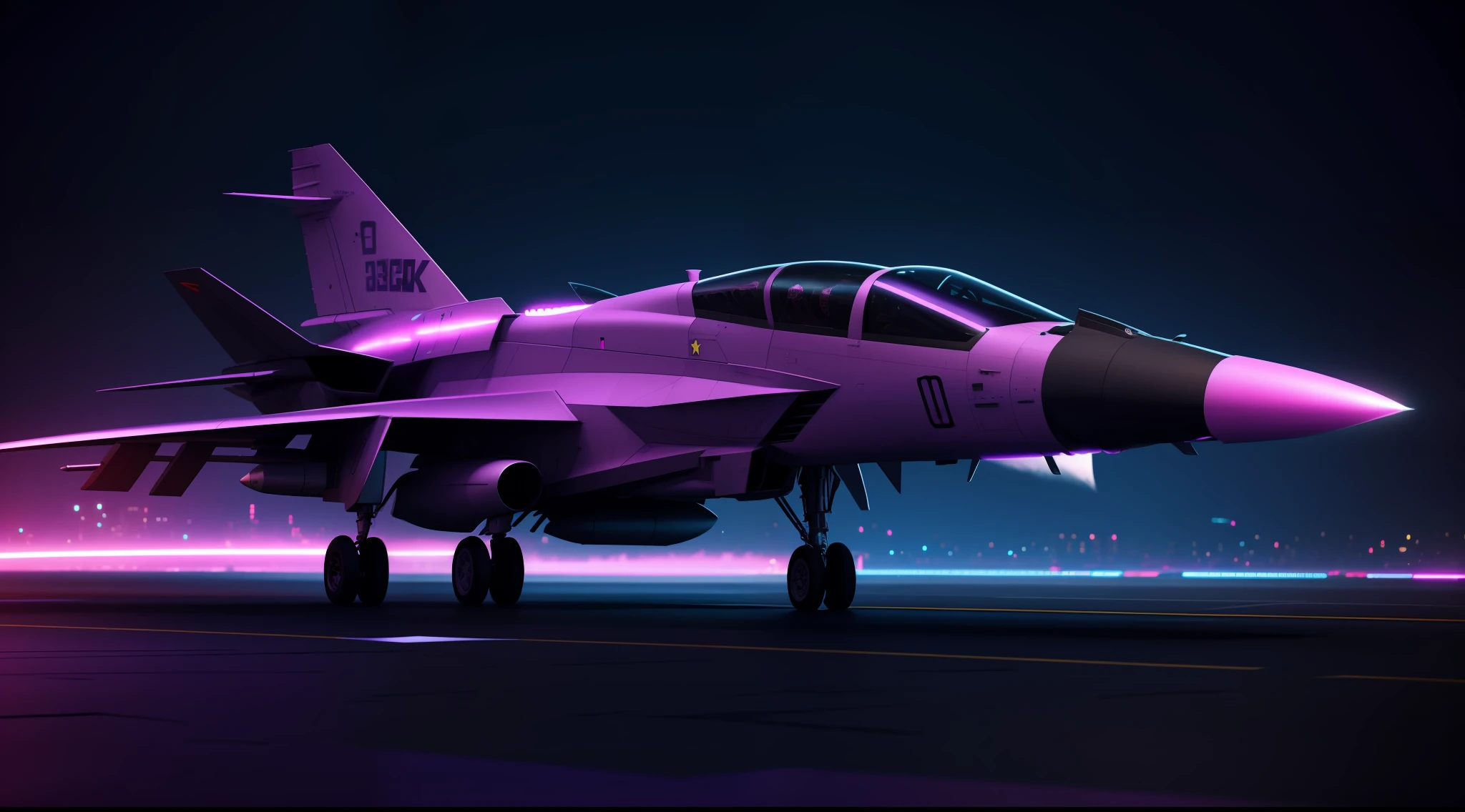 cyberpunk combat jet, 3D rendering in purple light, neon lights, dark moon stars, vibrant, photorealistic, realistic, dramatic, dark, sharp focus, 8k