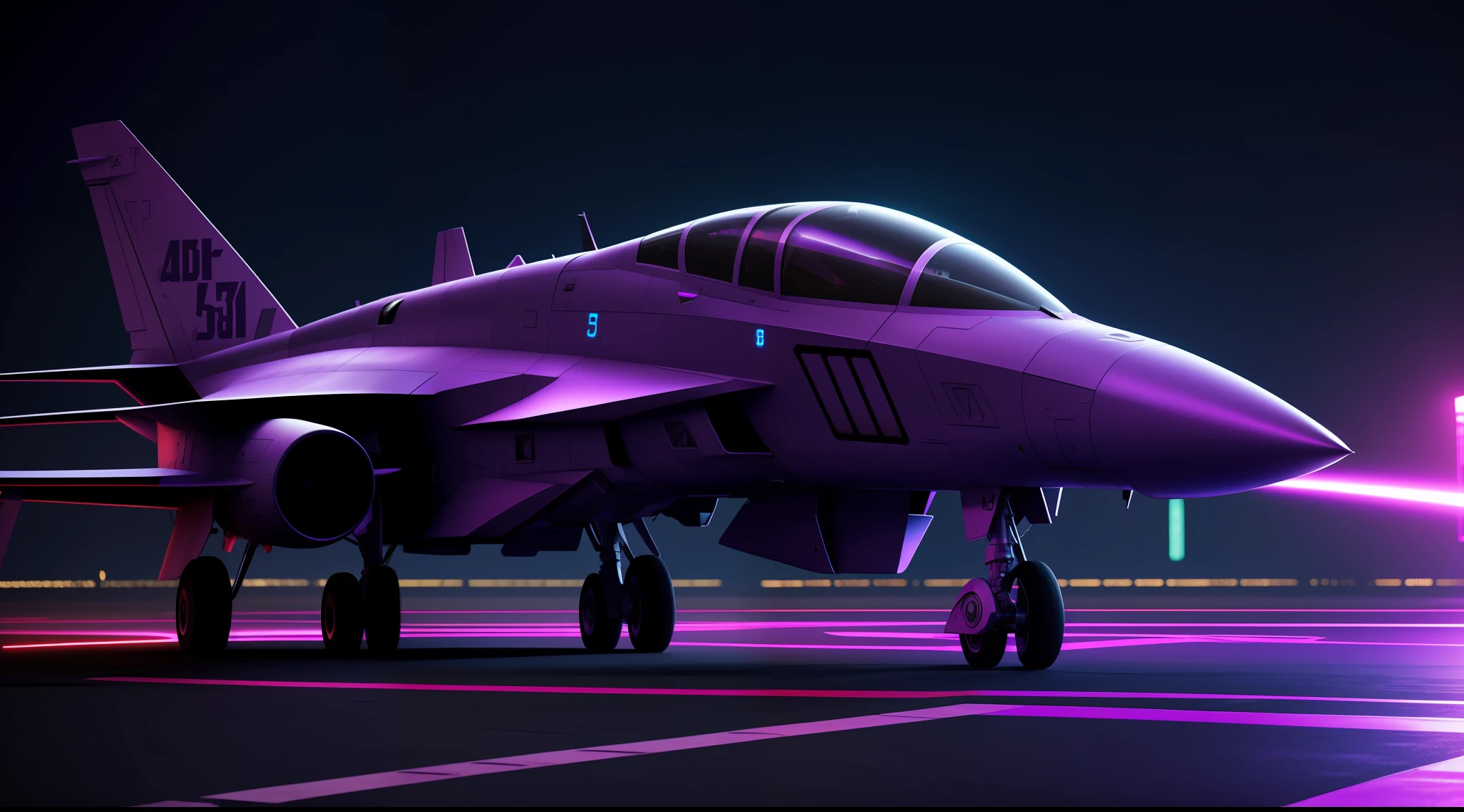 cyberpunk combat jet, 3D rendering in purple light, neon lights, dark moon stars, vibrant, photorealistic, realistic, dramatic, dark, sharp focus, 8k
