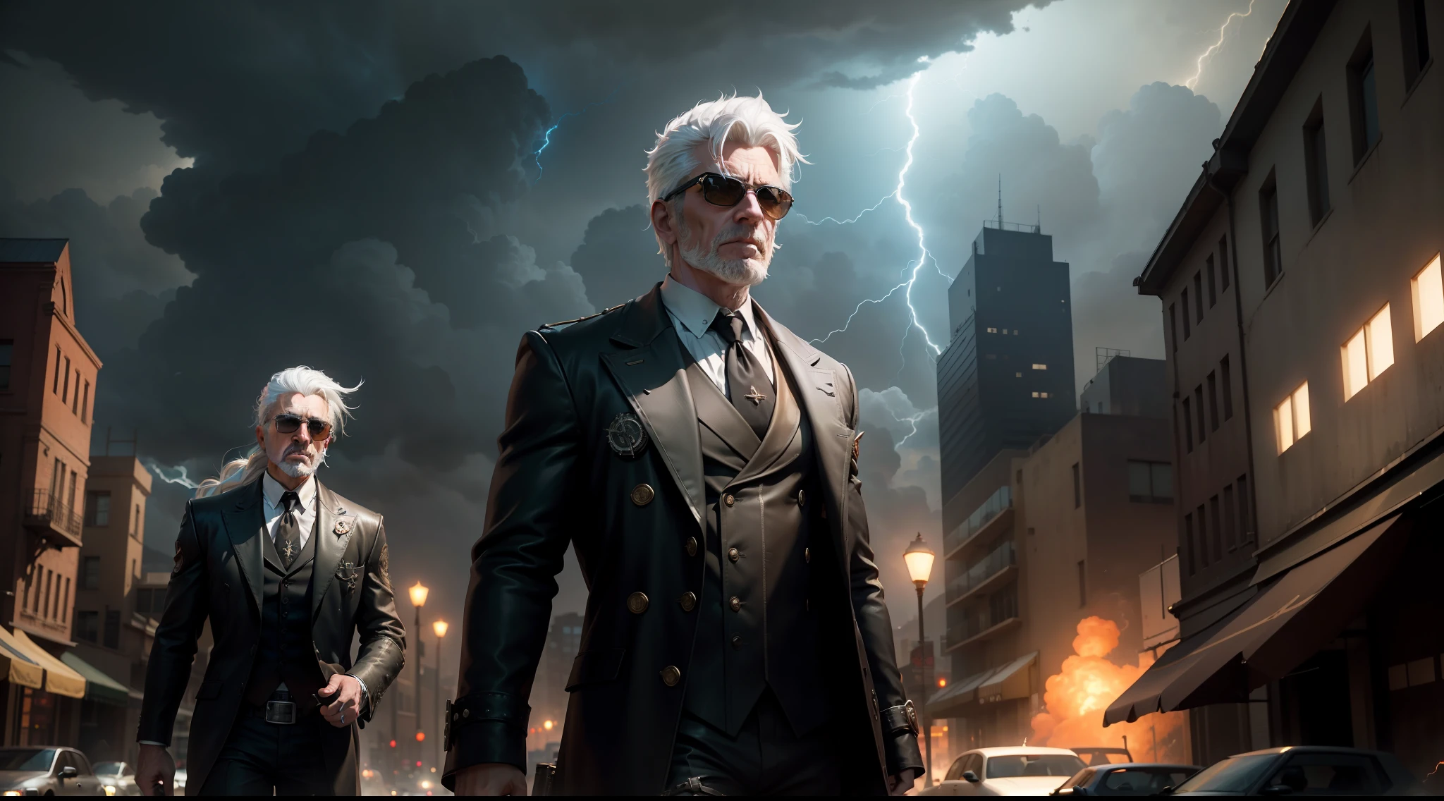 /imagine prompt: illustration of On the city streets, a group of white-haired and sunglasses wearing gangsters roared with their mouths wide open, lightning flashing and thunder roaring ,Ferocious::15, White haired black gang old man::13, Holding a gun in hand::15, Lightning and thunder::12, rule of thirds composition::8, closeup view::15, first-person view::12, Unreal Engine::15, Studio light::8, beautiful lighting::13, Cinematic light::12, Bold and bright::10, Dramatic::13, hyper quality::12, Steampunk cityscape::14, Steam-powered machinery::12 --seed 32455 --s 400 --q 2 --c 40
