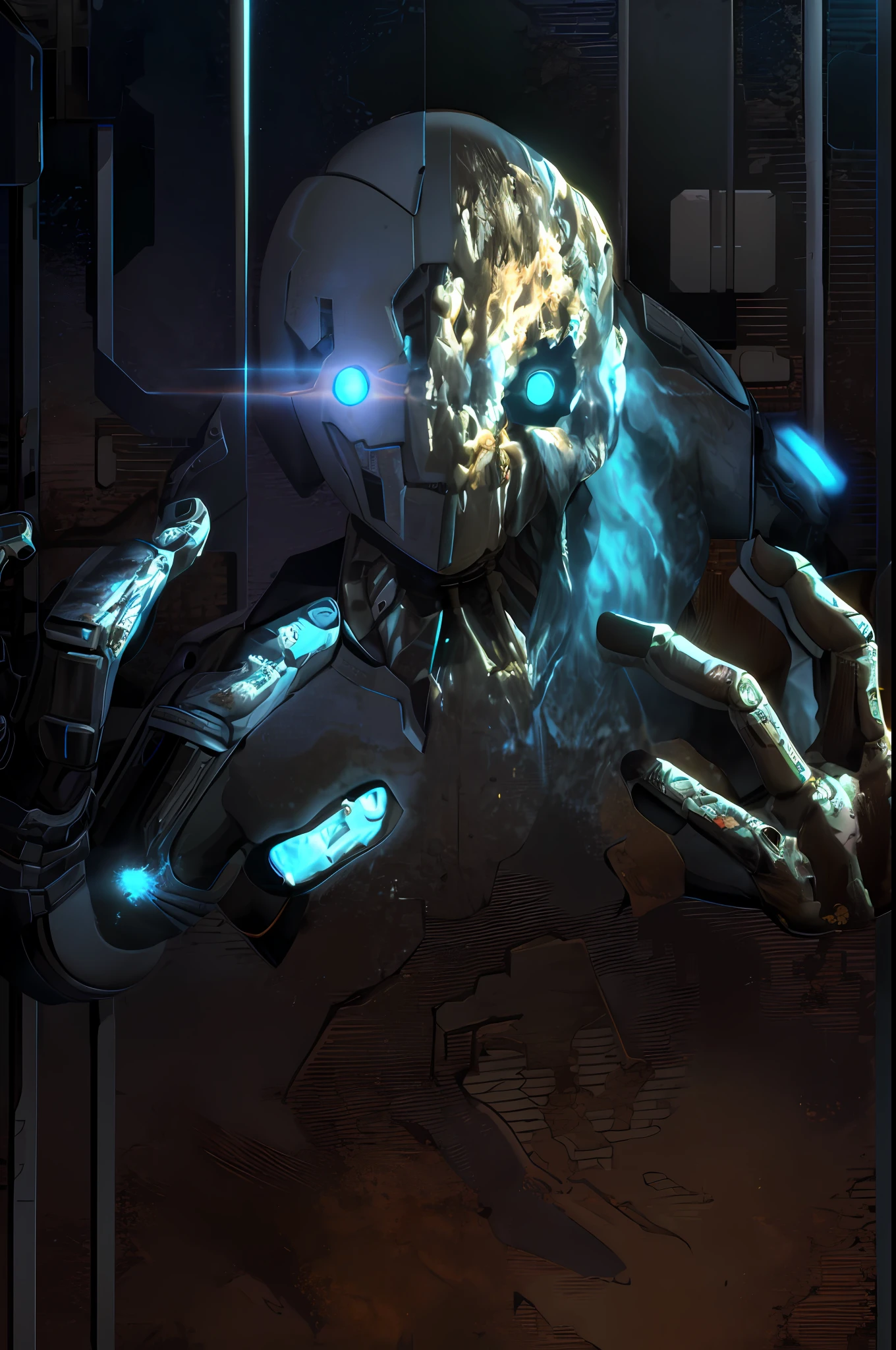 Solo male, , , looking at viewer, robot, attack mode, tonic, humanoid robot,white light blue line OO1 number on forehead, robot joints,, joints, no humans,big arm, wide torso, mechanical arms, Background electrical circuit