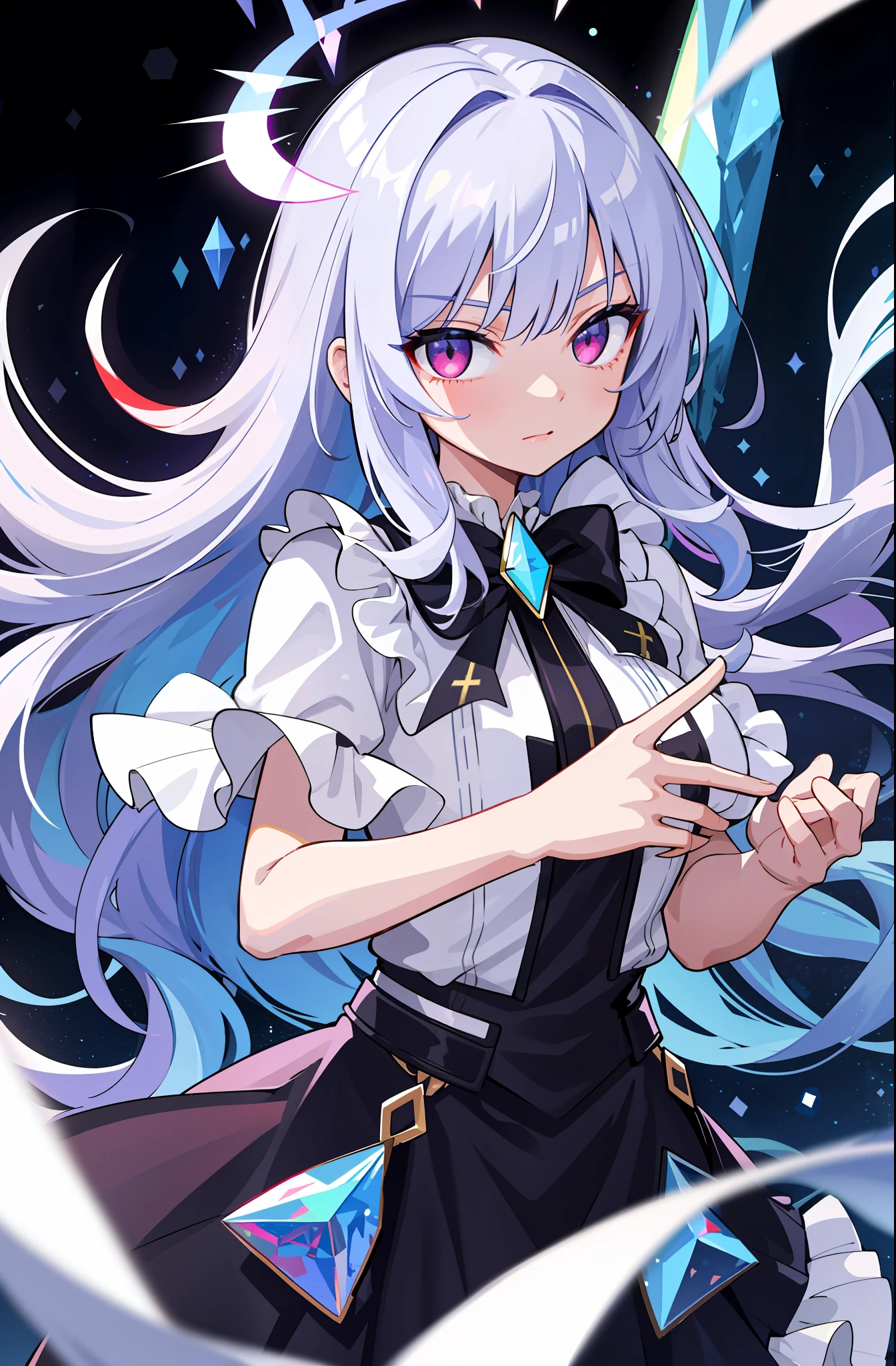 (fine, sharp images, super resolution, extremely amazing detail, awesome detail), subsurface scattering, best ratio of four fingers and thumbs, masterpiece, best quality, high quality, 1girl, solo, prism eye, prism hair, prism, serious, [silver|white] + (blue: -0.3) hair, blue + red eyes, gradient eyes, multicolored eyes, calm, upper body, evening dress, glowing eyes, glowing eyes, glowing white particles, glitter, blooming, fantasy, cave,