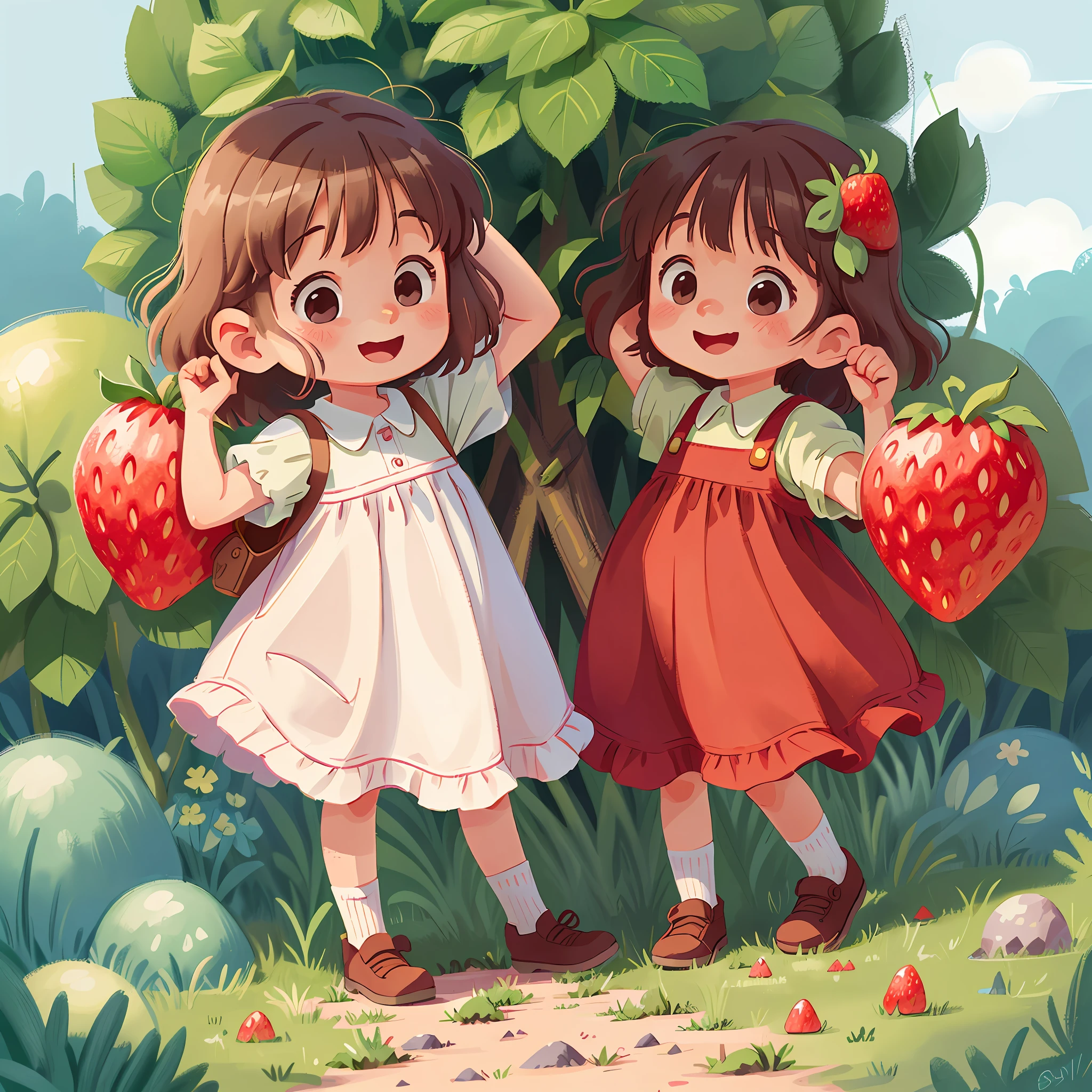 Happy child girl. Bucolic style. Women's children's clothing. Smooth color. Simple art. Ghibli studio style. Strawberry character style.