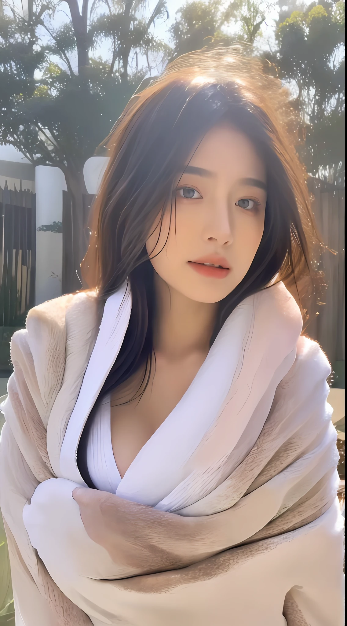 ((Best quality, 8k, Masterpiece :1.3)), 1girl, (beautiful woman with perfect body: 1.2), full body, (long hair, big breast: 1), (towel wrap, towel nude:1.3), (beautiful and elegant face, beautiful eyes:1.2), double eyelids, shy face, (bedroom:1), wet, random color towel, ((ultra details)), real person