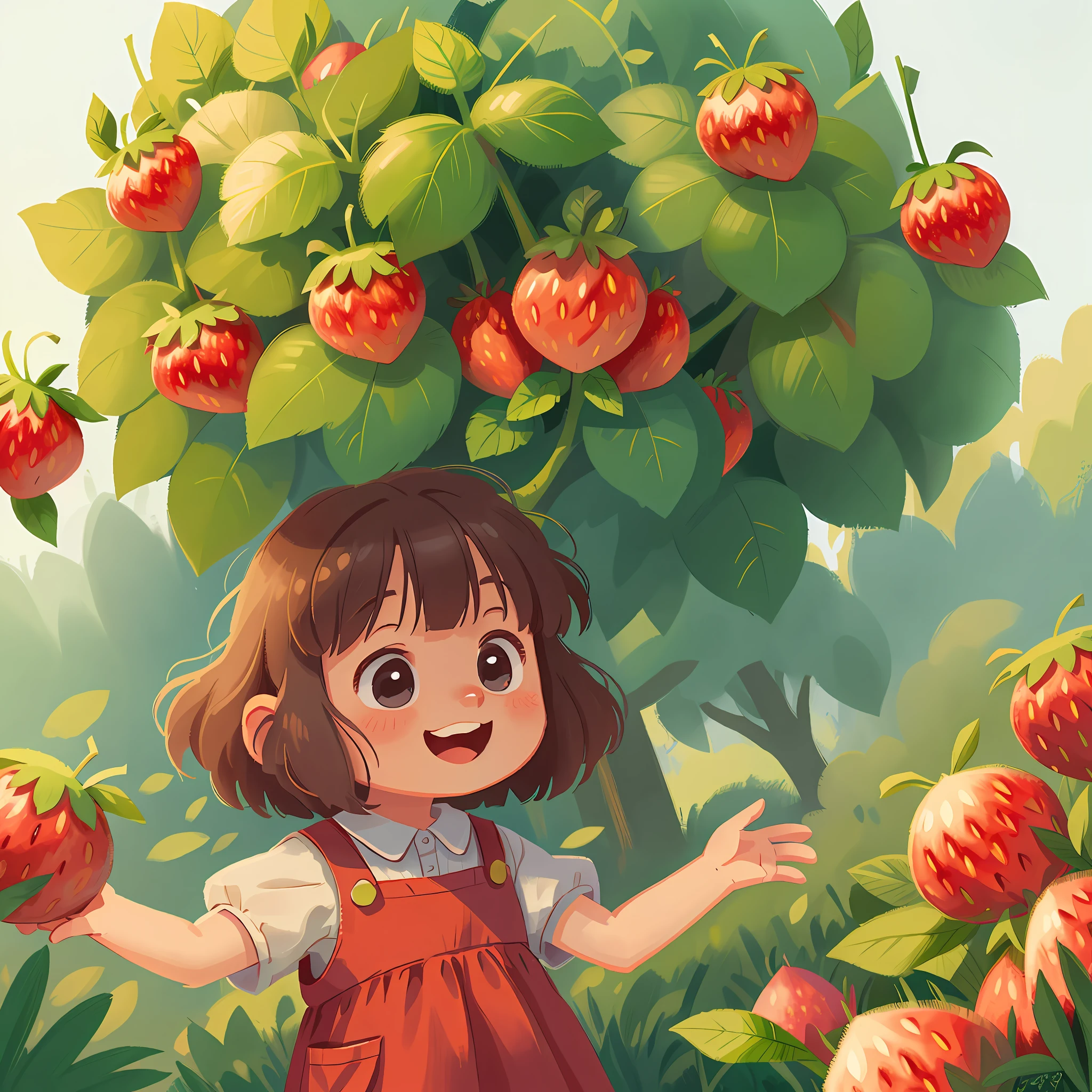 Happy  girl. Bucolic style. Women's children's clothing. Smooth color. Simple art. Ghibli studio style. Strawberry character style.