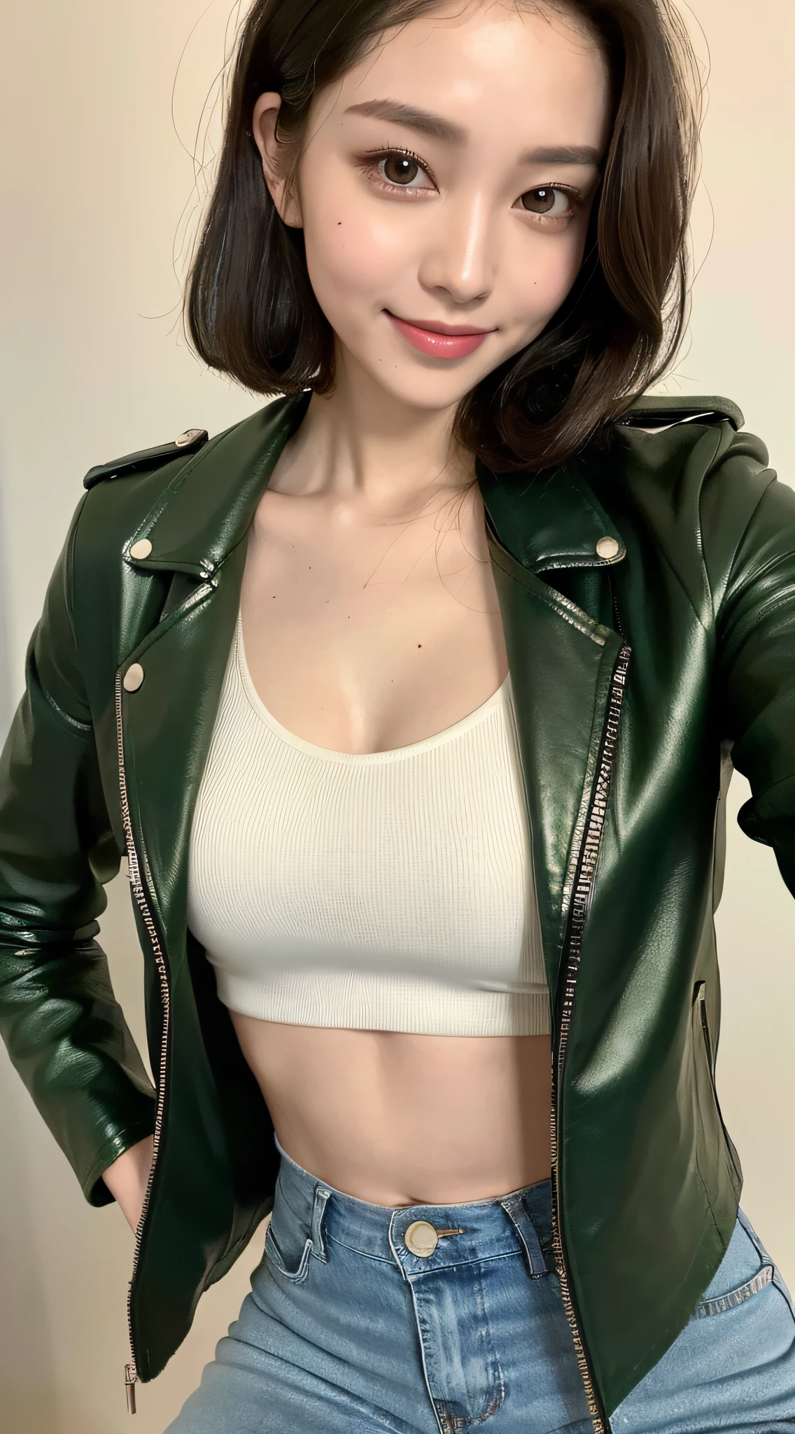 ((Top Quality, 8K, Masterpiece: 1.3)), 1 Girl, Slim Abs Beauty: 1.3, (Hairstyle Casual, Big: 1.2), Tight Leather Jacket: 1.1, Ultra Slender Face, Delicate Eyes, Double Eyelids, Smile Shiny Green Satin