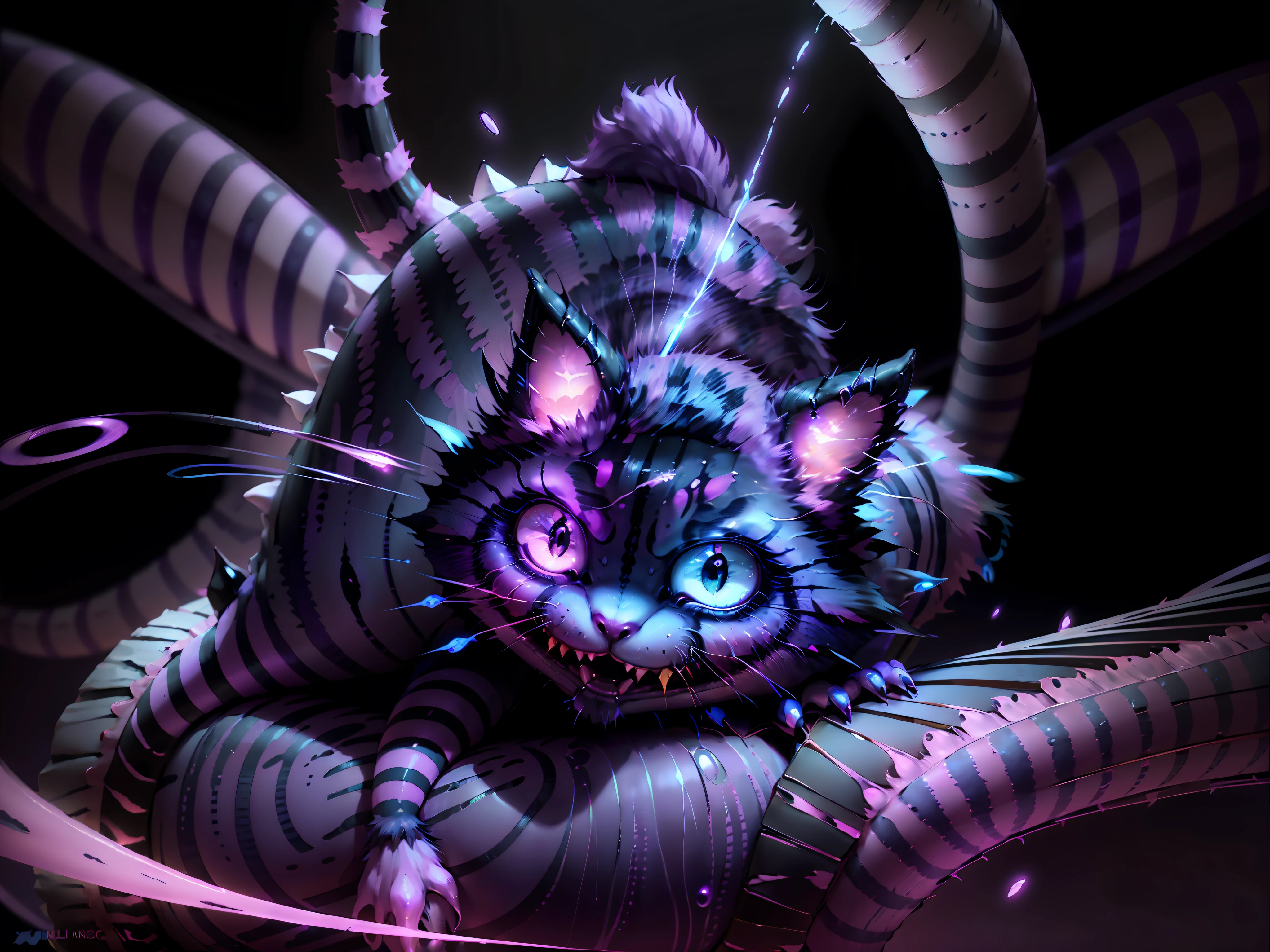 (one cheshire cat:1.3), (wonderful:1.05), (mutant:1.1), (wide mouth), (Brightly-Blue eyes), glowing neon-purple fur, neon striped tail, mischievous, sinister, (creepy), (Abstract color background), neon lines on the background, sharp focus, (glowing purple fire on background), (full body), udr, 4k, (no human:1.4), (non-human:1.4)