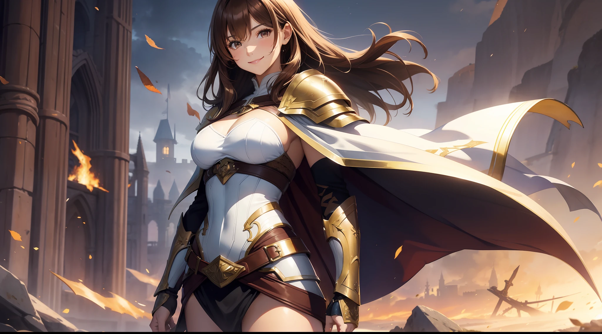 watercolor, warrior, brown hair, brown eyes, beautiful breasts, hair between eyes, bangs, full body, confident, heroic posture, smiling, white leather armor, cape, fantasy, medieval, at dusk