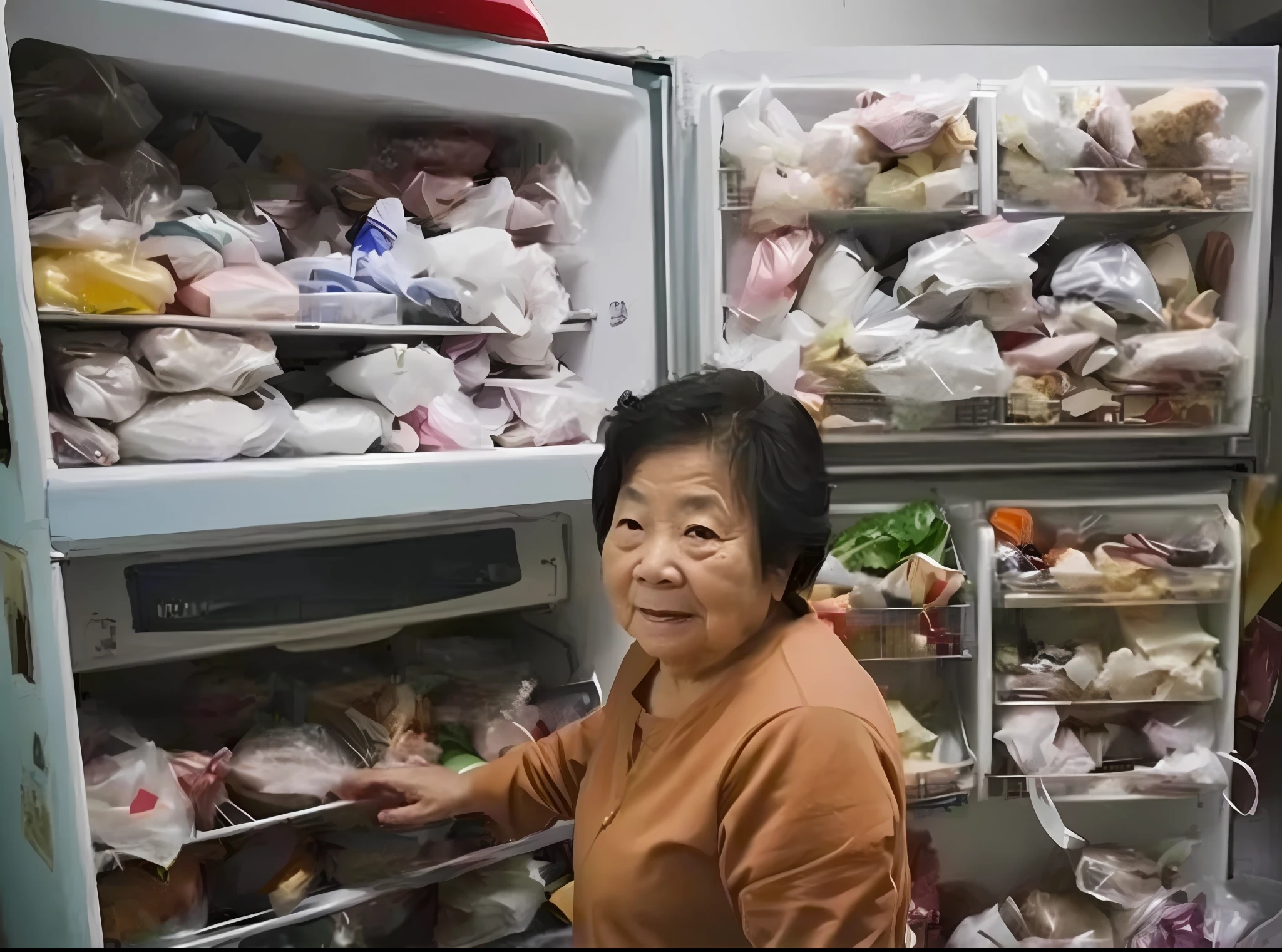 Woman standing in front of refrigerator full of food, healthy, 0 years old, 70 years old, grandma, she is about 0 years old, virus photo, Li Jae, Jia Ruan, garbage, 30s years old, impressive award-winning photo, mid - 3 0 seconds, Ren Heng --auto --s2
