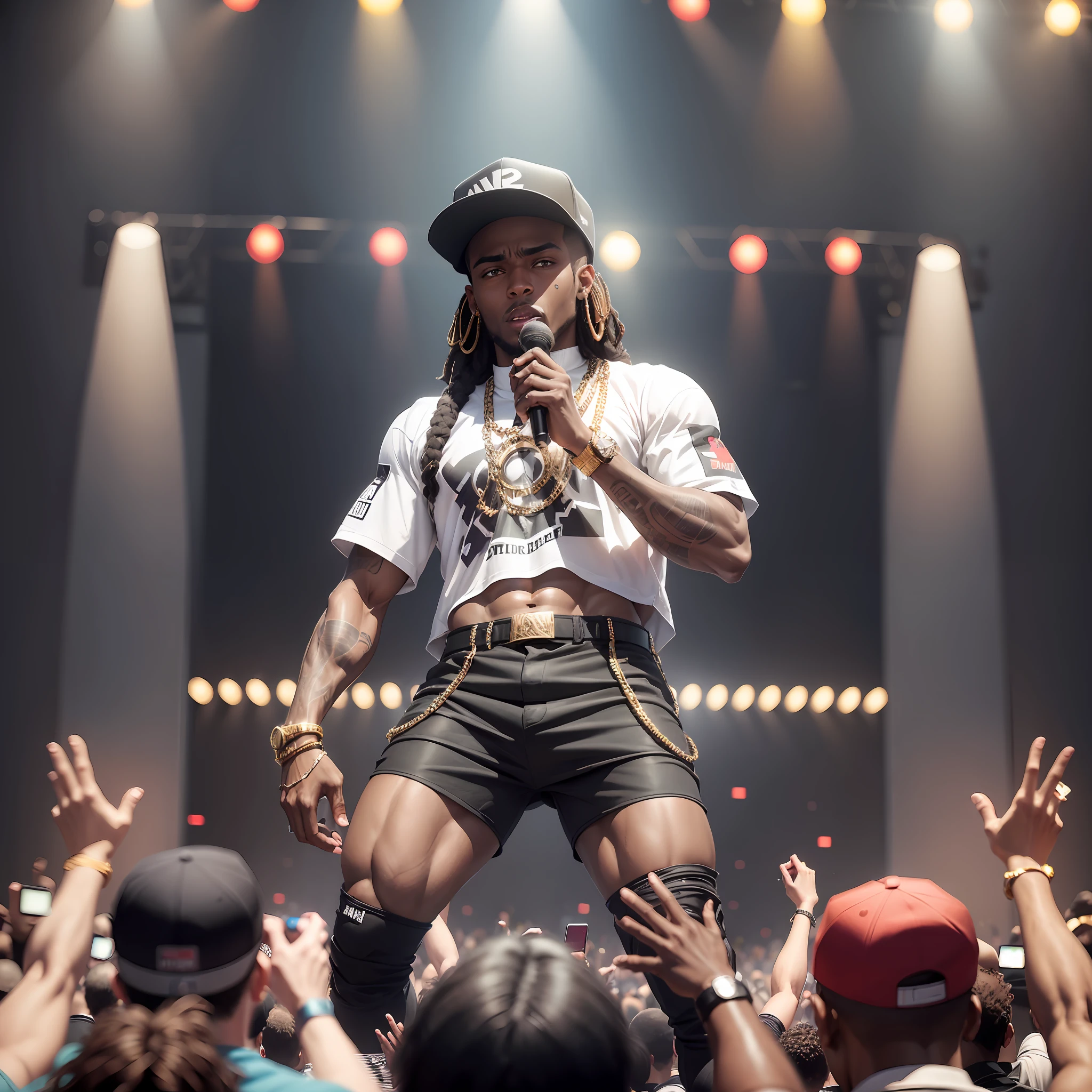 It is a black rapper more muscular on stage who raps his latest hit to date, bigger and less juvenile in front of a crowd of men and women more sexy women happy to be there, the rapper is beautiful charismatic, well dressed hip hop class, it takes place in public outside in the late afternoon. It's hot cinematic look, catchy, relatable --auto --s2