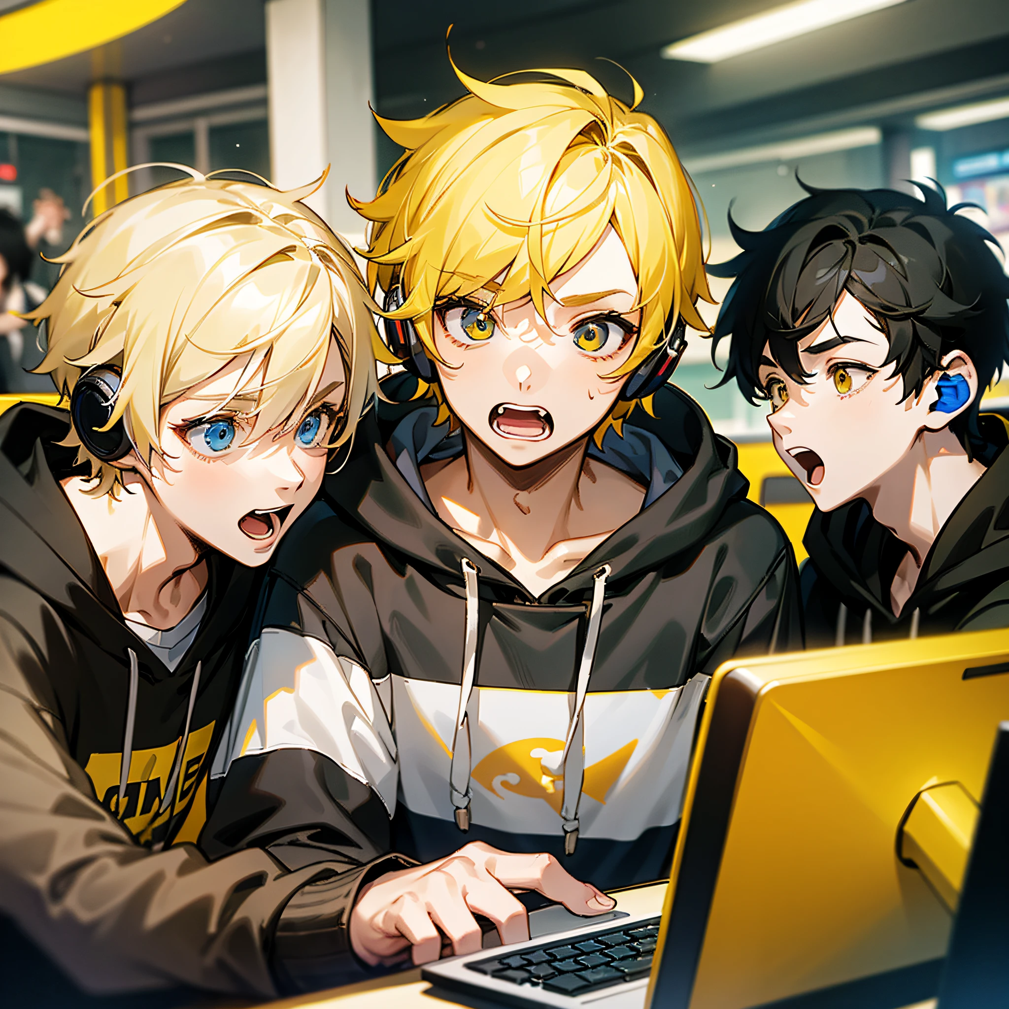 (three boys), yellow hair, short black hair, hoodie, wearing headphones, surprised expression, open mouth, front, upper body, evening, internet café background