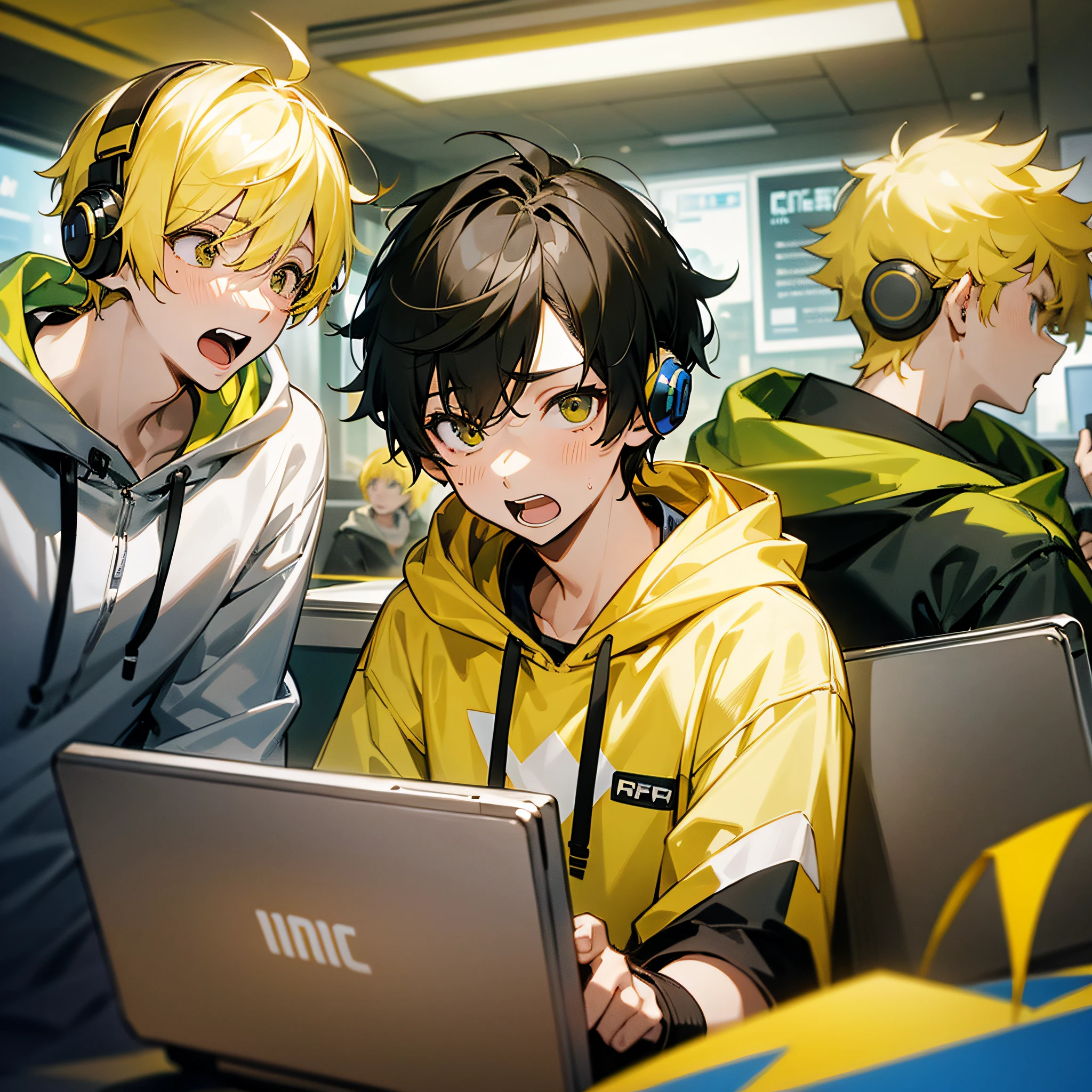 (three boys), yellow hair, short black hair, hoodie, wearing headphones, surprised expression, open mouth, front, upper body, evening, internet café background