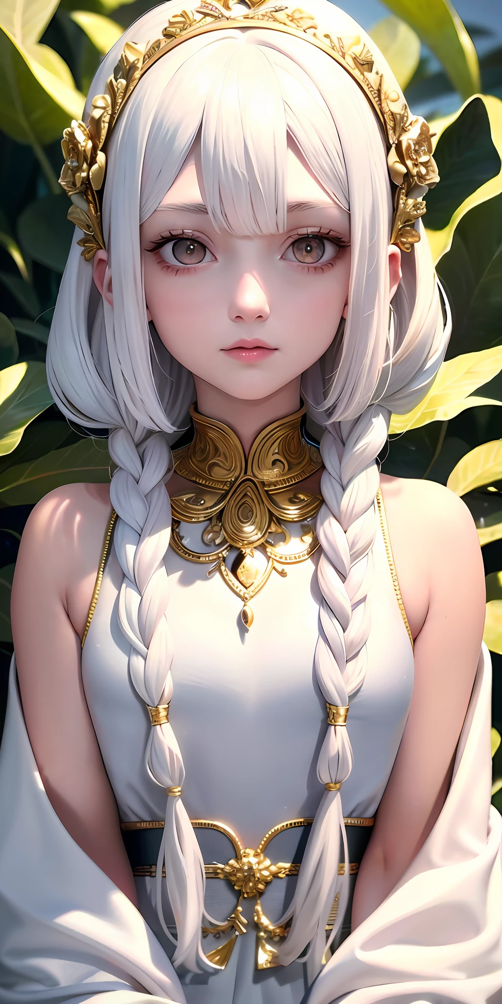 best quality, masterpiece,white hair, gold eyes,white clothes, looking up, upper body,hair strand,Fair skin,side braids