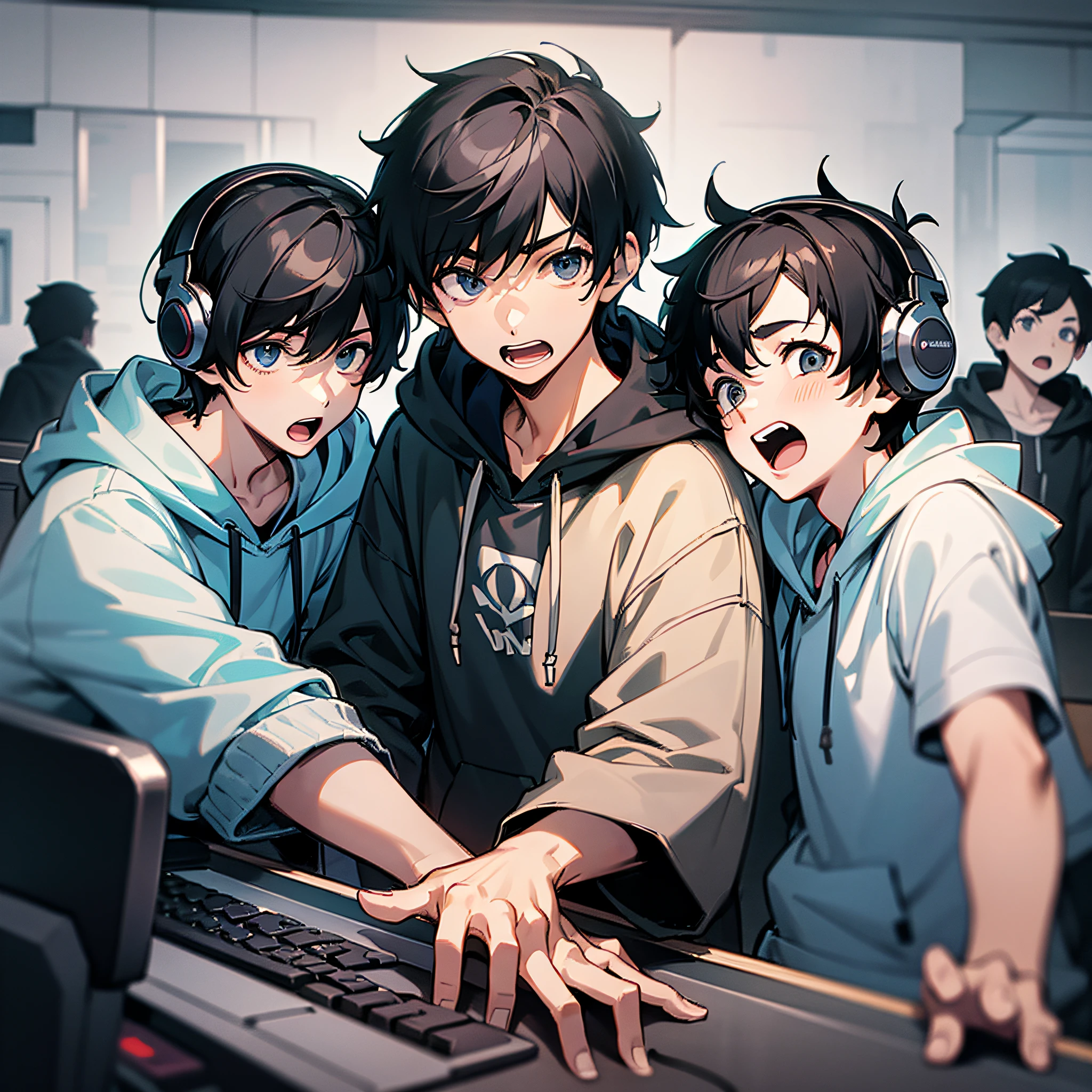(three boys), short black hair, hoodie, headphones on, surprised expression, open mouth, front, upper body, evening, internet café background