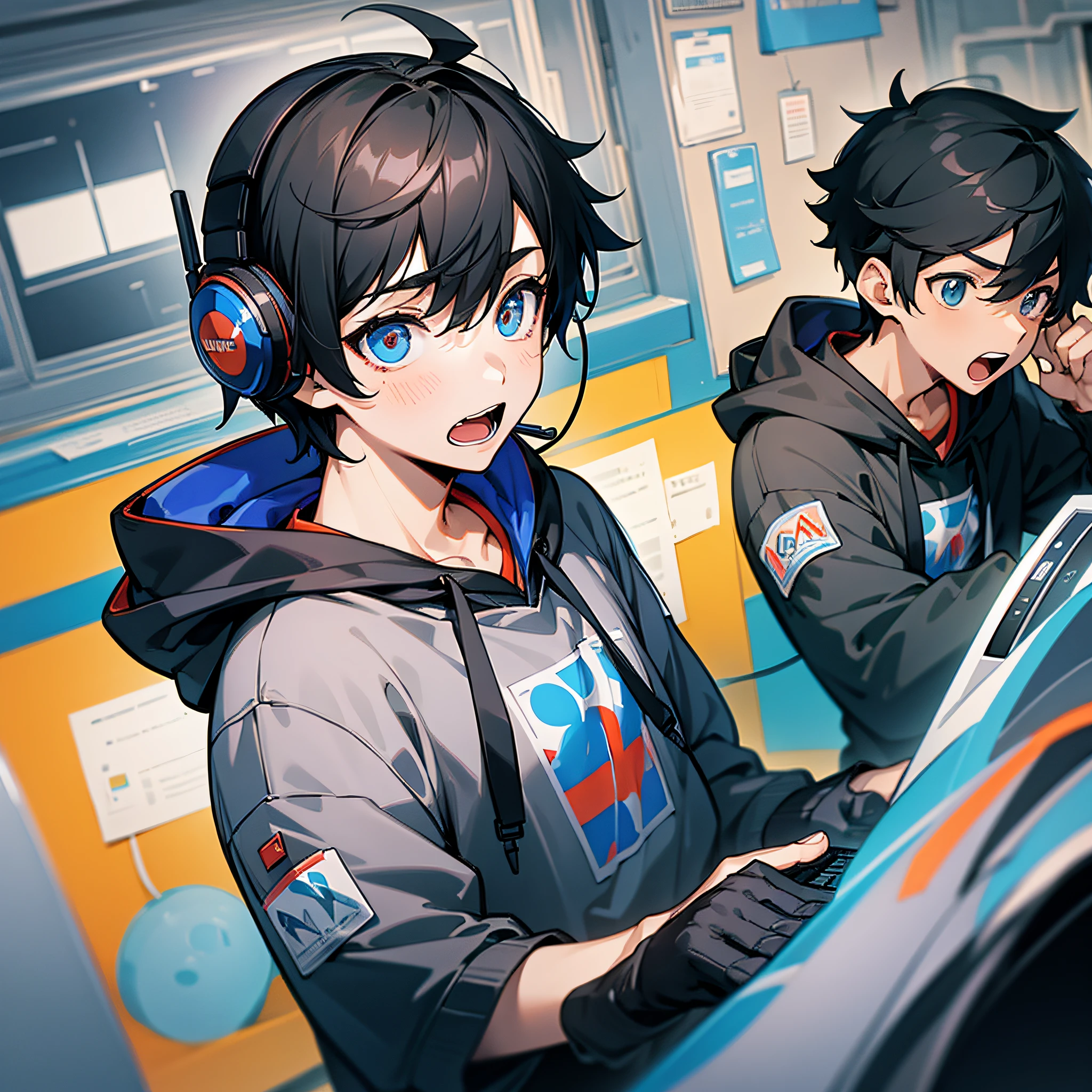 (three boys), short black hair, hoodie, headphones on, surprised expression, open mouth, front, upper body, evening, internet café background