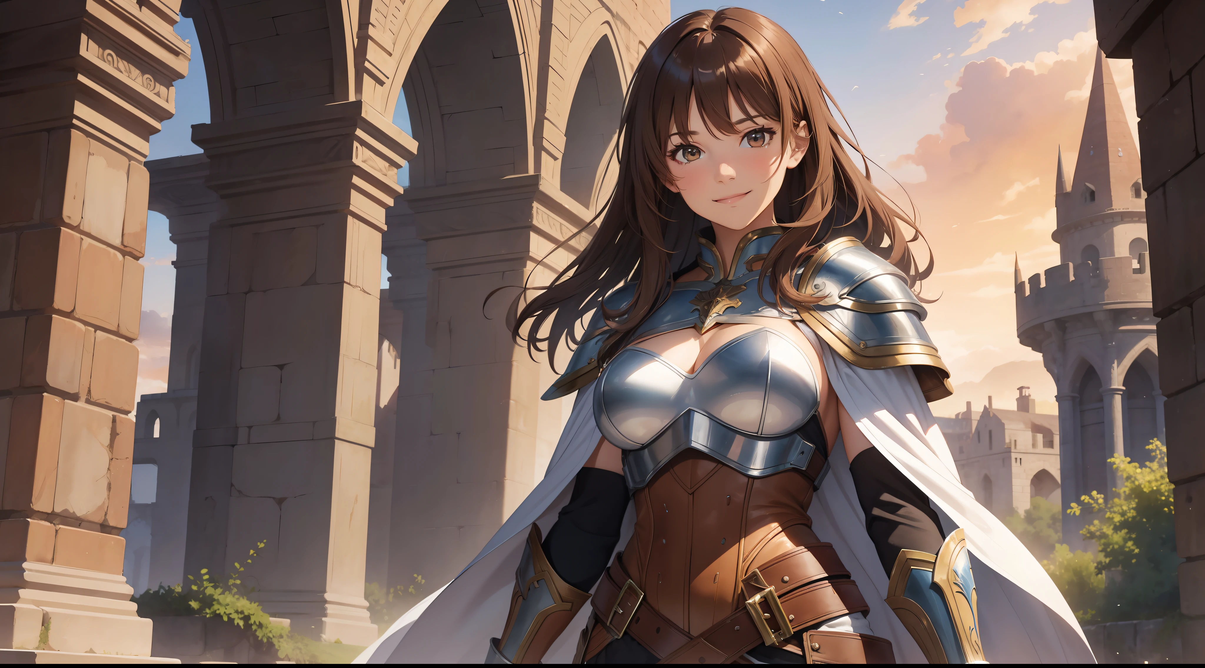 watercolor, warrior, brown hair, brown eyes, beautiful breasts, hair between eyes, bangs, full body, confident, heroic posture, smiling, white leather armor, cape, fantasy, medieval, at dusk