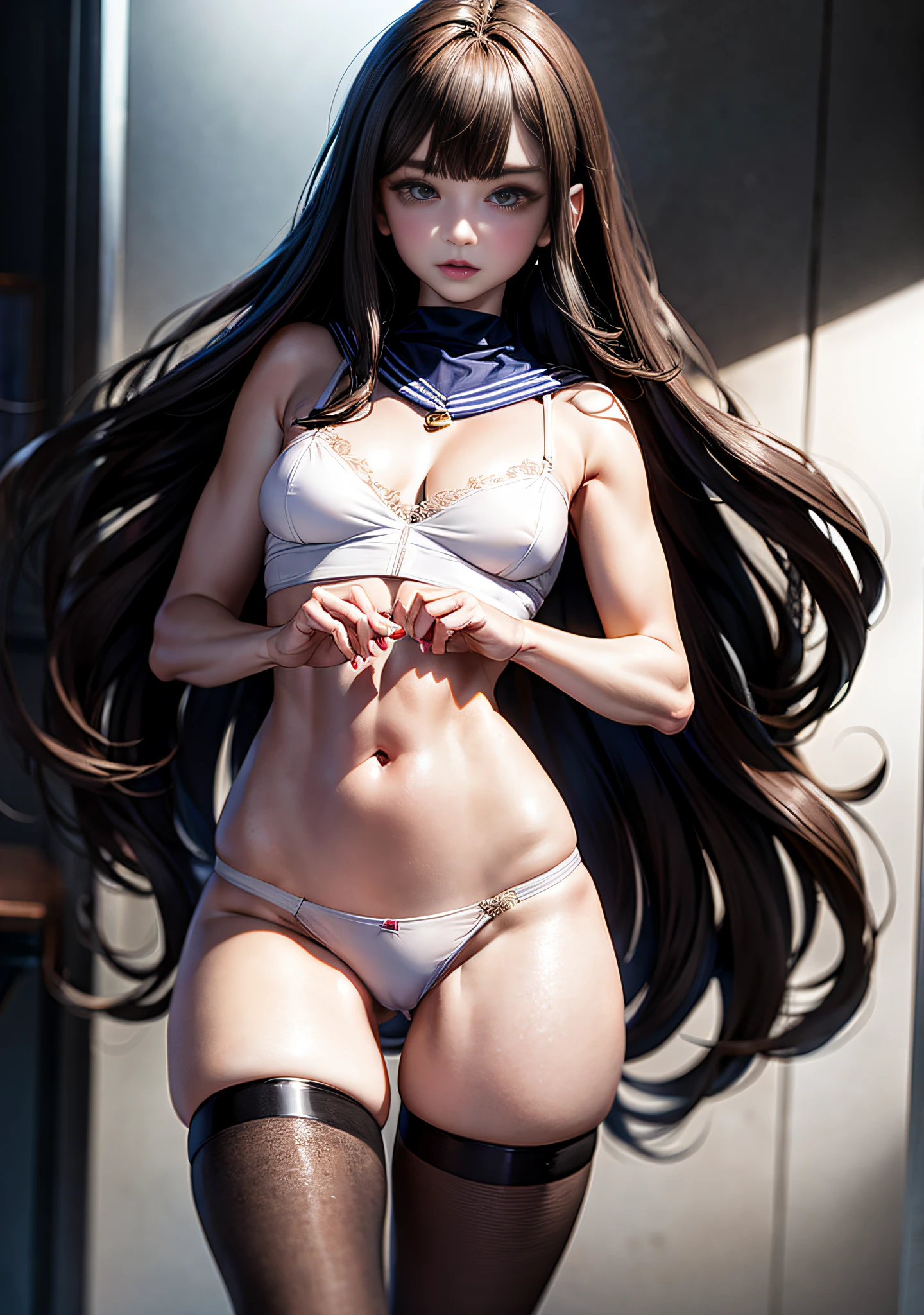 {{{NSFW still show 1:5]]], R-18, masterpiece, one beautiful girl, 18 years old, JK, sailor suit, super mini skirt, white panties, crotch cleft, pubic hair,, shiny skin, classroom, troubled face, standing figure, brown hair, princess cut, midium hair, bangs, two hands, two legs, anatomically correct body