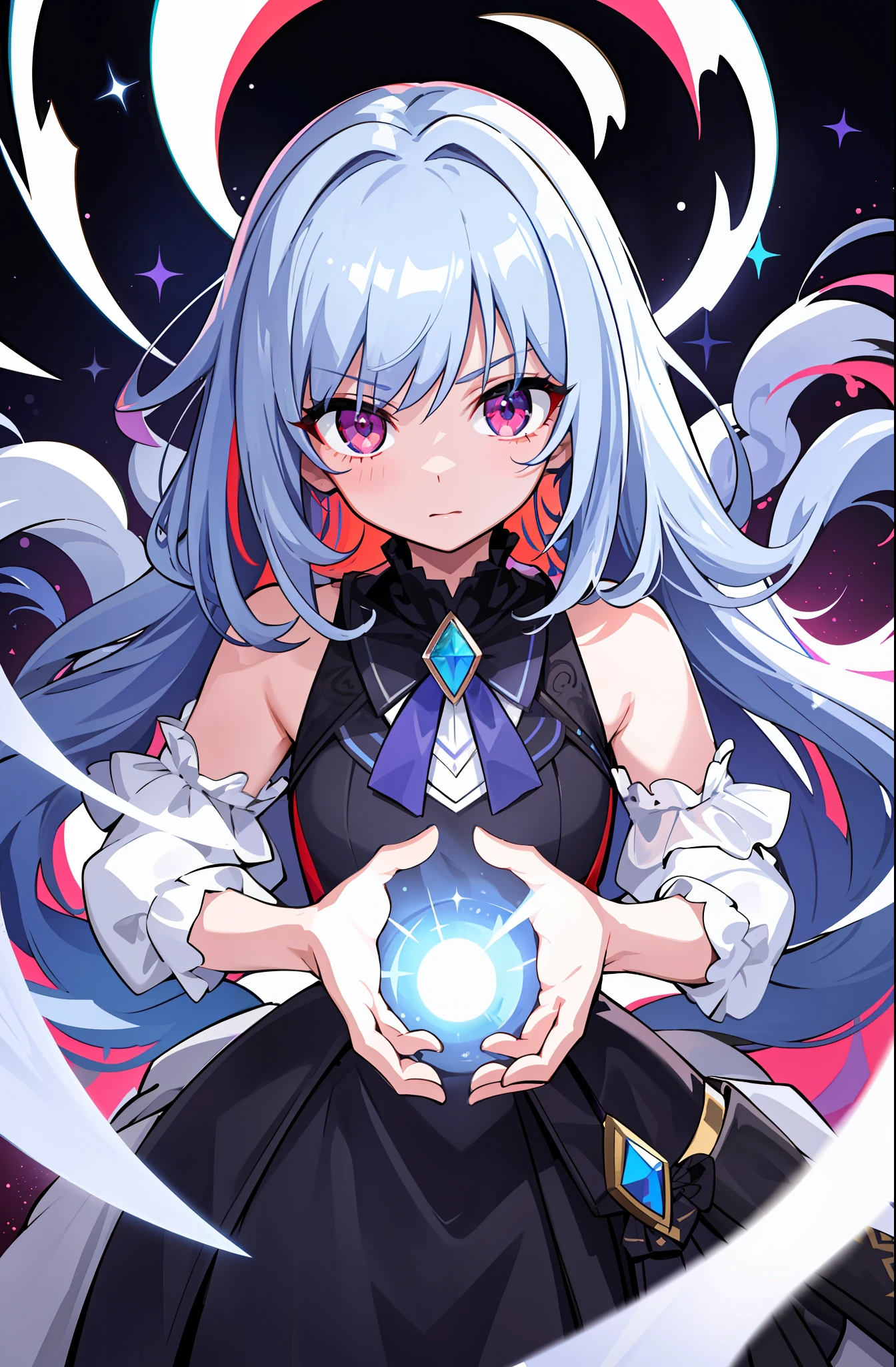 (fine, sharp images, super resolution, extremely amazing detail, awesome detail), subsurface scattering, best ratio of four fingers and thumbs, masterpiece, best quality, high quality, 1girl, solo, prism eye, prism hair, prism, serious, [silver|white] + (blue: -0.3) hair, blue + red eyes, gradient eyes, multicolored eyes, calm, upper body, evening dress, glowing eyes, glowing eyes, glowing white particles, glitter, blooming, fantasy, cave,