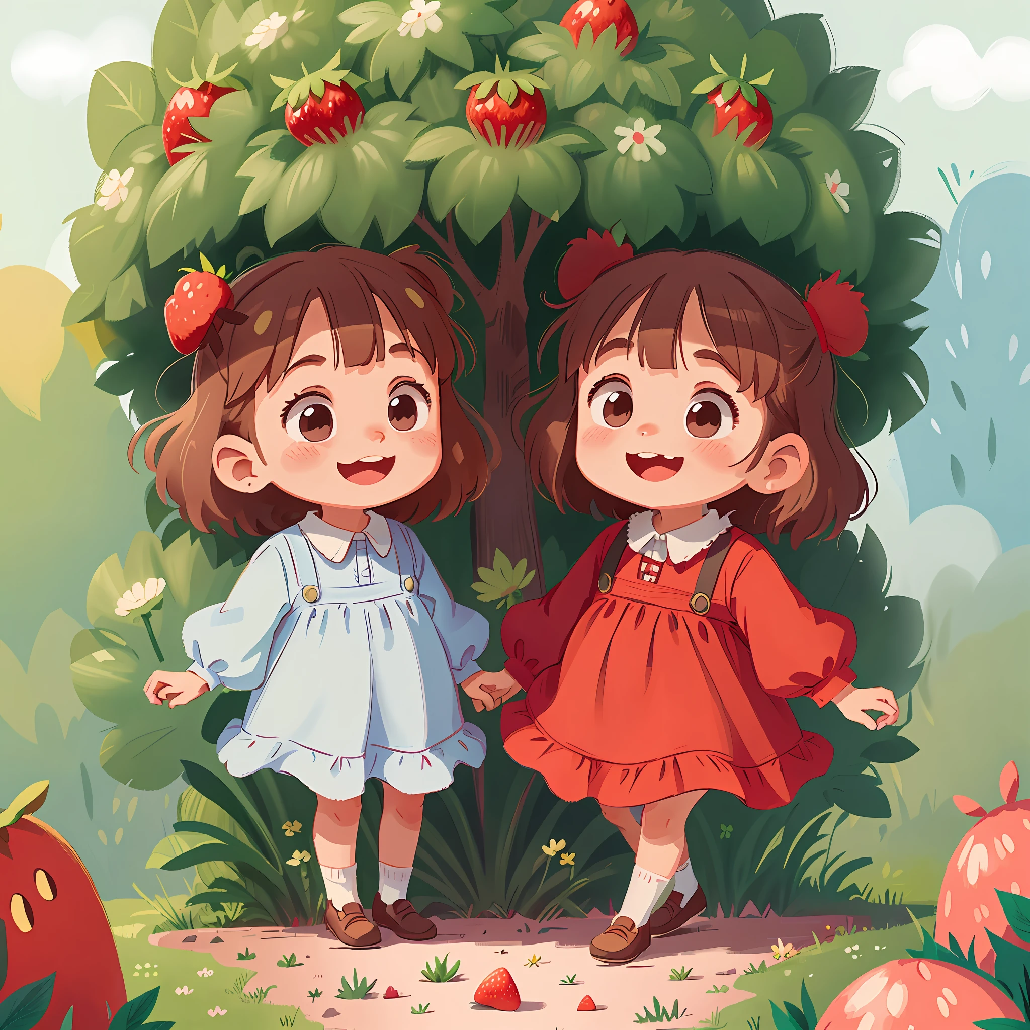 Happy child girl. Bucolic style. Women's children's clothing. Smooth color. Simple art. Ghibli studio style. Strawberry character style.
