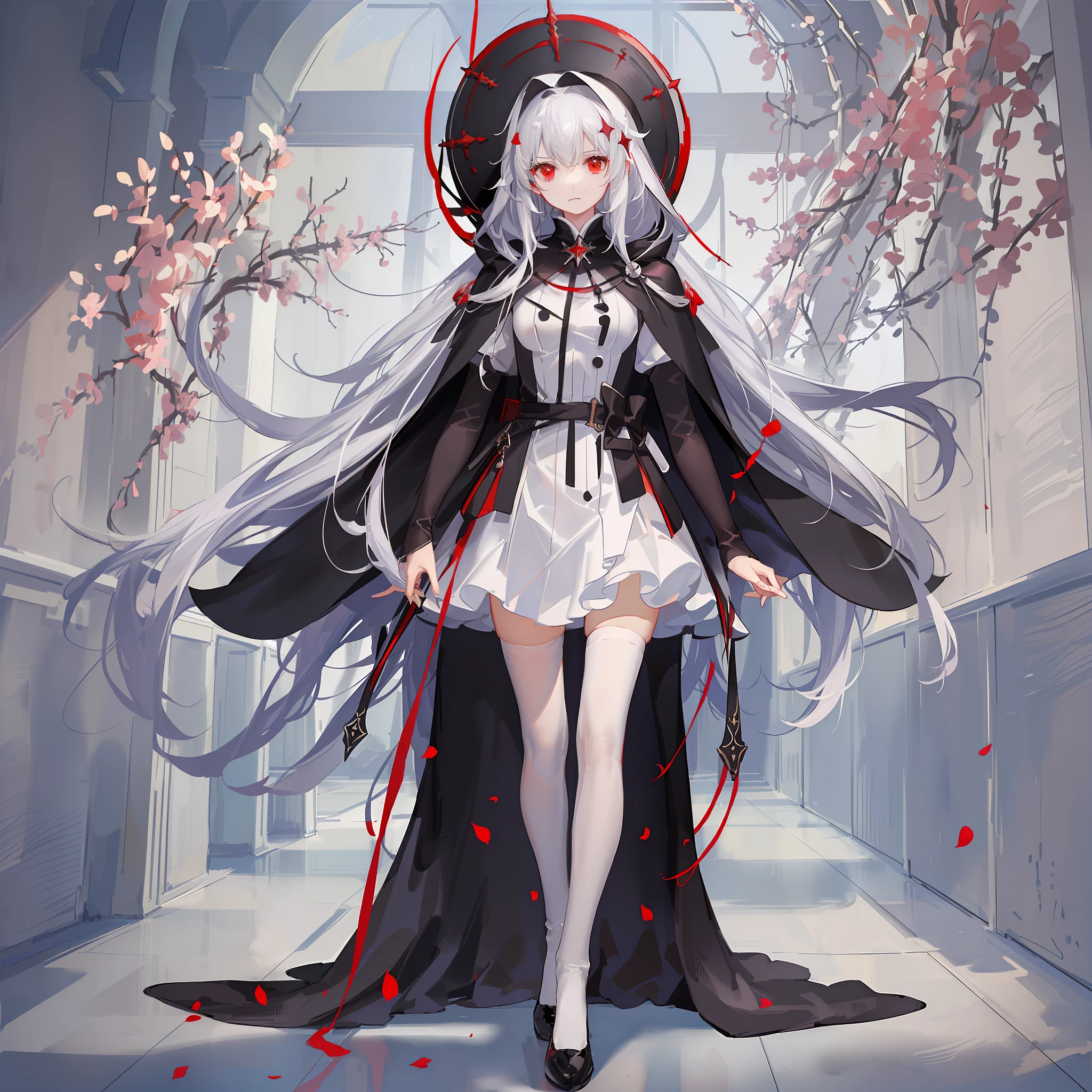 Maiden, white stockings, round red thread striped road black robe, hood, cape, red eyes, long white hair, faint smile, standing posture, full body, mage, holy girl