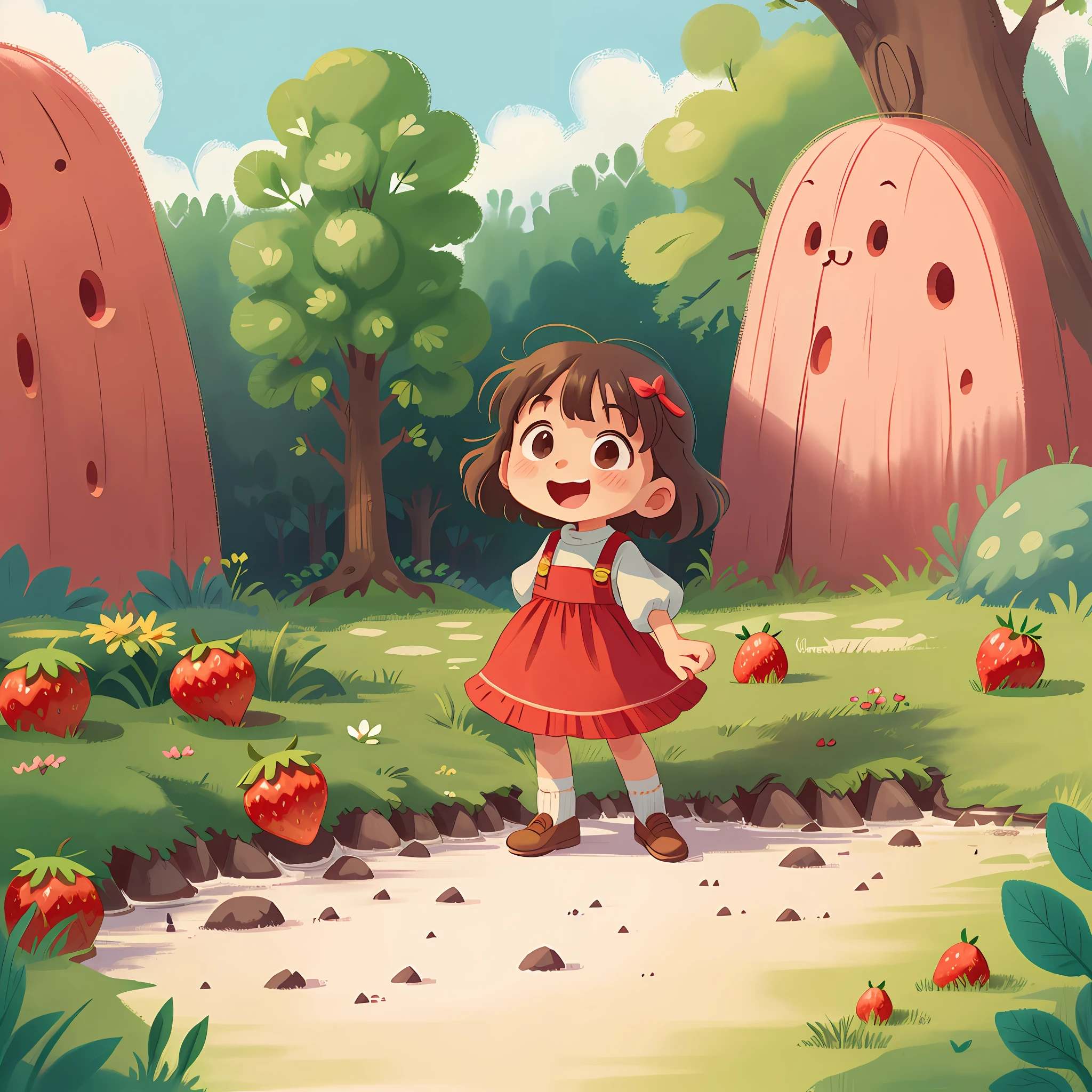Happy child girl. Bucolic style. Women's children's clothing. Smooth color. Simple art. Ghibli studio style. Strawberry character style.