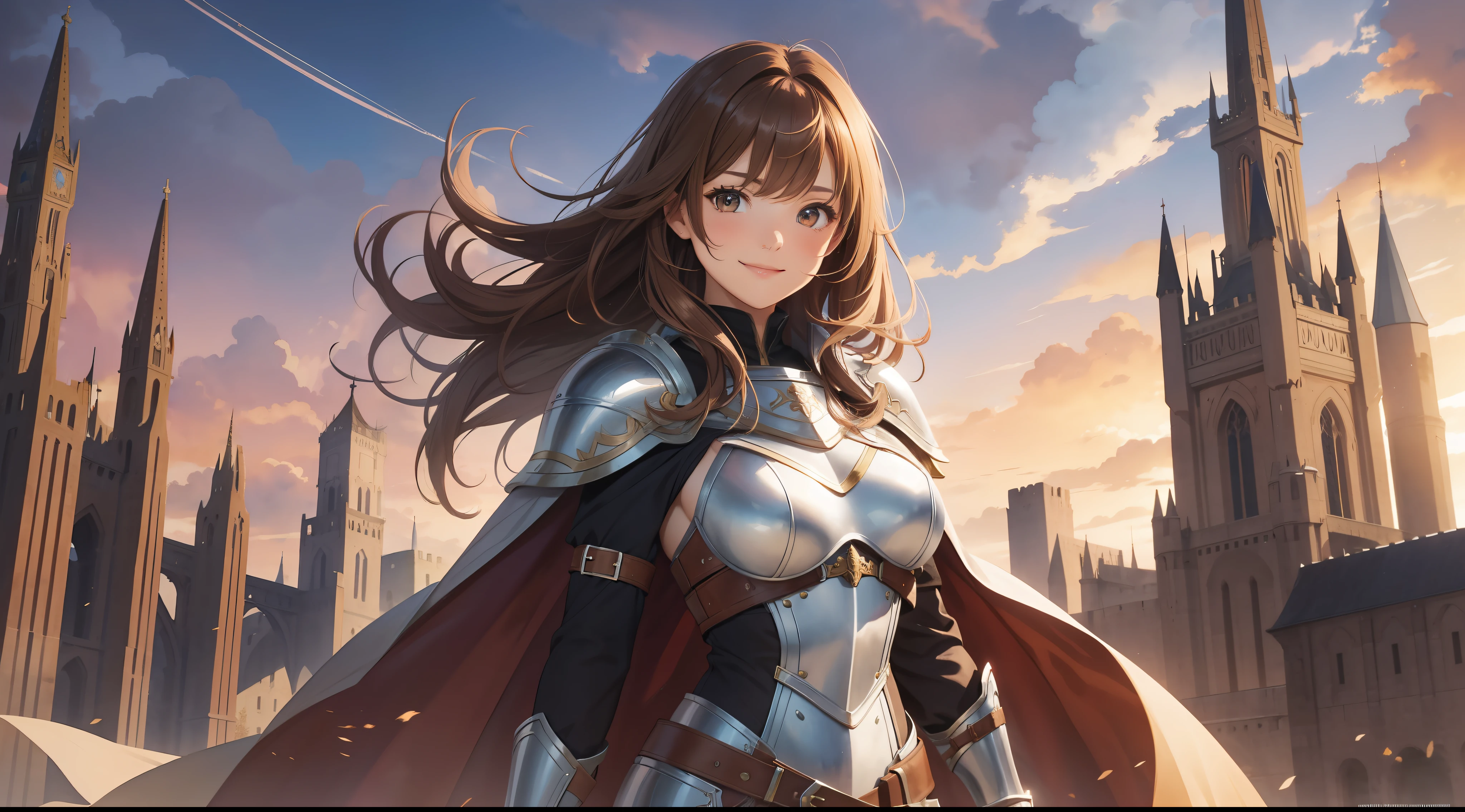 watercolor, warrior, brown hair, brown eyes, beautiful breasts, hair between eyes, bangs, full body, confident, heroic posture, smiling, white leather armor, cape, fantasy, medieval, at dusk
