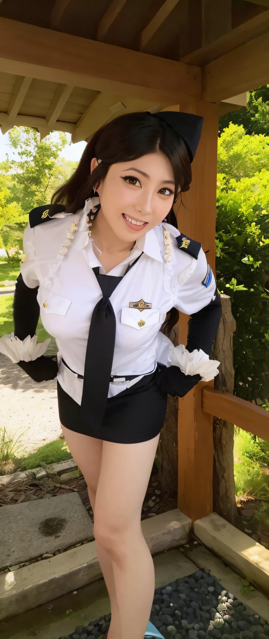 arafed woman in uniform posing for a picture in a gazebo, publicity cosplay, posing as a jojo character, cosplay, marisa kirisame, ayaka cosplay, cosplay of a catboy! maid! dress, cosplay photo, outfit: cop, wearing rr diner uniform, wearing a police uniform, inspired by Rumiko Takahashi, cosplayer
