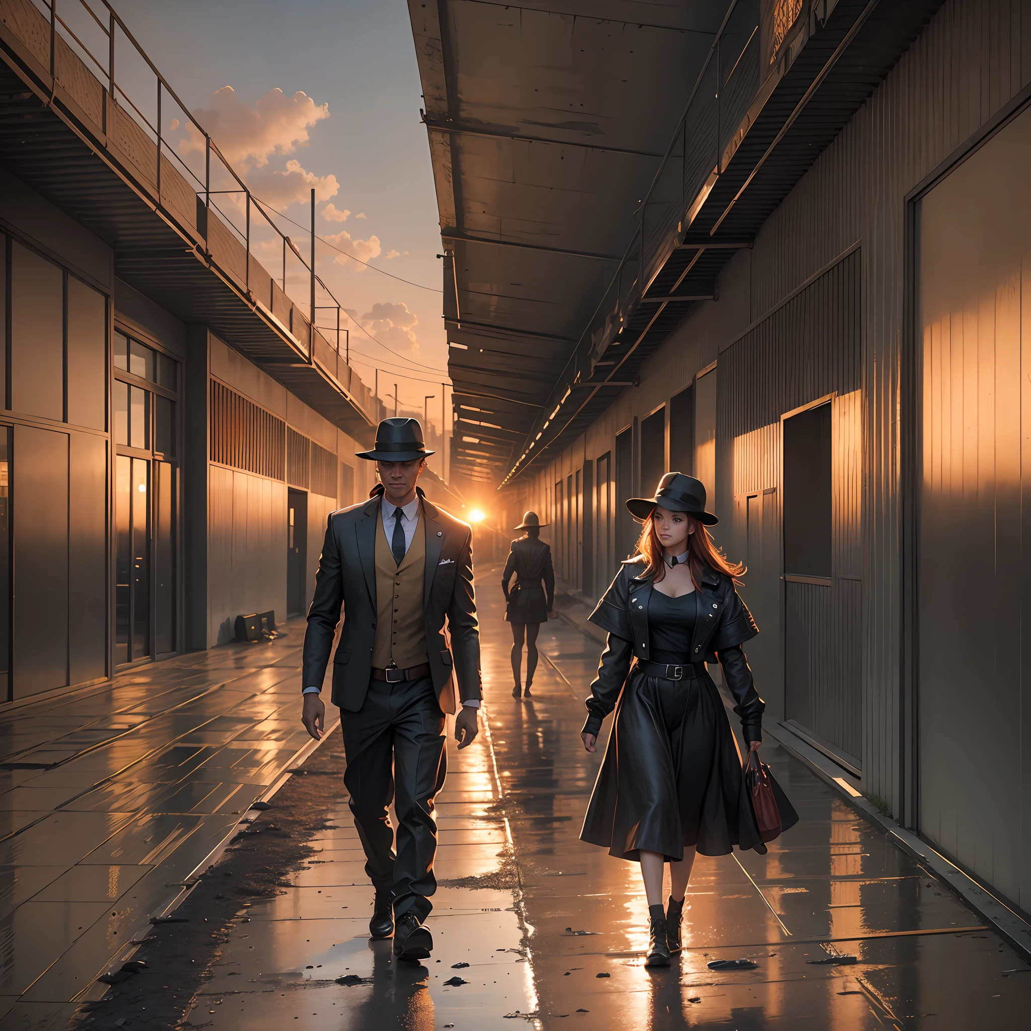 Gangster walk together in the middle of the bog factory building, sunset behind them, they are all happy --auto --s2
