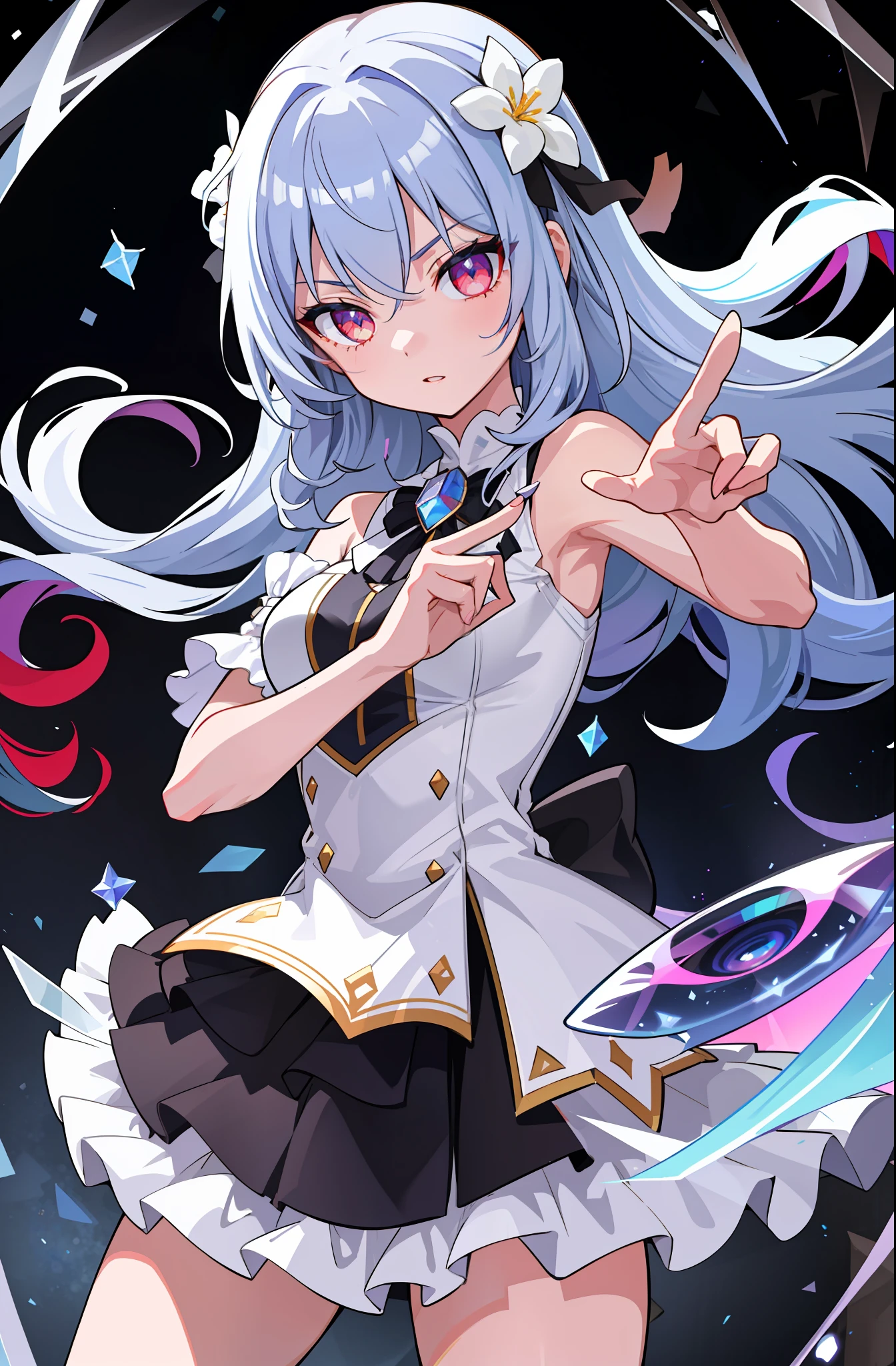 (fine, sharp images, super resolution, extremely amazing detail, awesome detail), subsurface scattering, best ratio of four fingers and thumbs, masterpiece, best quality, high quality, 1girl, solo, prism eye, prism hair, prism, serious, [silver|white] + (blue: -0.3) hair, blue + red eyes, gradient eyes, multicolored eyes, calm, upper body, evening dress, glowing eyes, glowing eyes, glowing white particles, glitter, blooming, fantasy, cave,