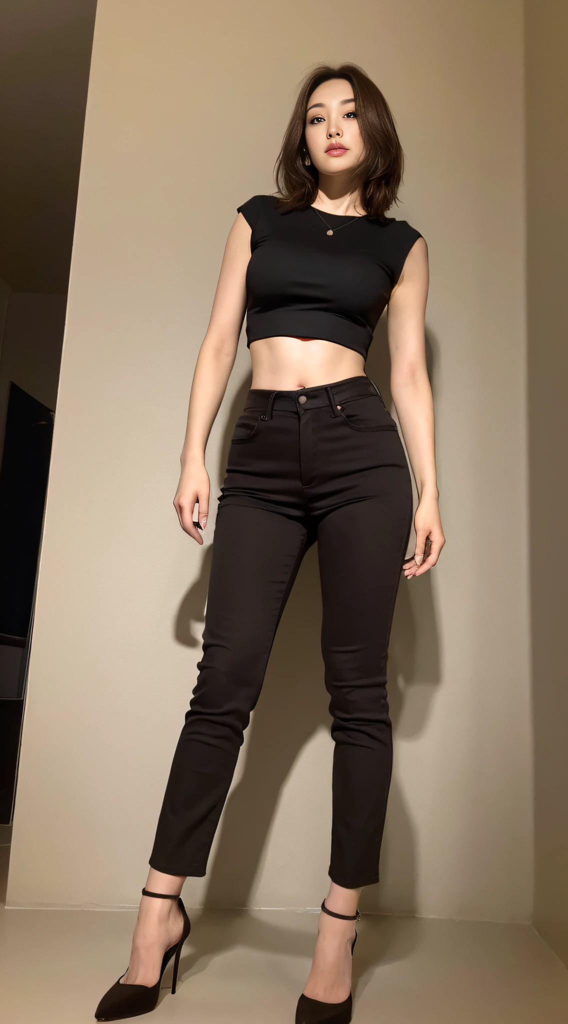 ((Midnight, Best quality, 8k, Masterpiece :1.3)), Whole body, Long legs, Sharp focus :1.2, A pretty woman with perfect figure :1.4, Slender abs :1.1, ((Dark brown hair, Big breasts :1.2)), (Crop top shirt, Low waist pants, Standing:1.2), abs, Highly detailed face and skin texture, Detailed eyes, Double eyelid, high heels, low angle, from below