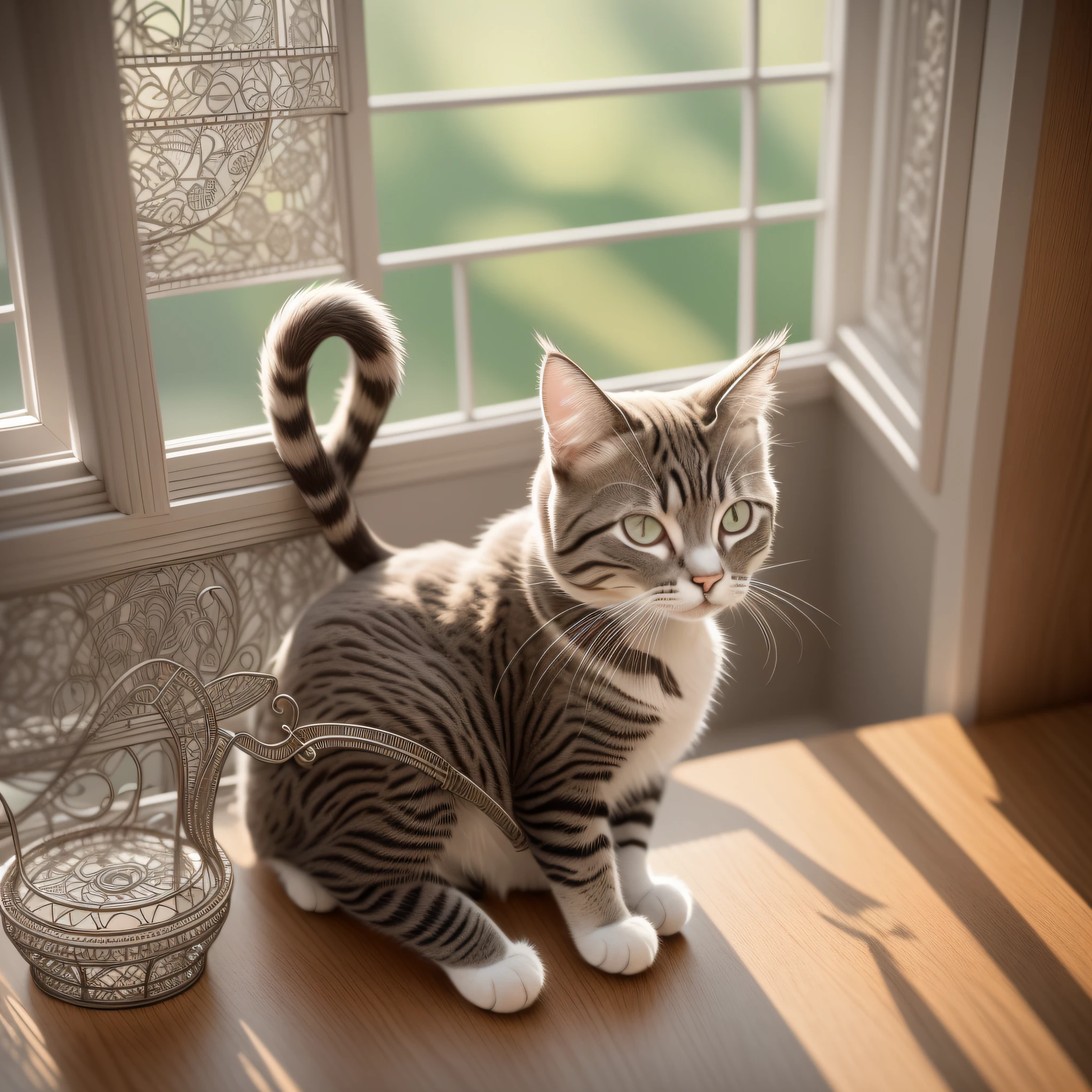 A cute cat lay leisurely on the table by the window,Enjoying the warmth of sunshine, ([tail | detailed wire]:1.3), (intricate details), hdr, (intricate details, hyperdetailed:1.4), 4k textures, soft cinematic light, photolab, hdr, intricate, elegant, cinematic shot, vignette, centered