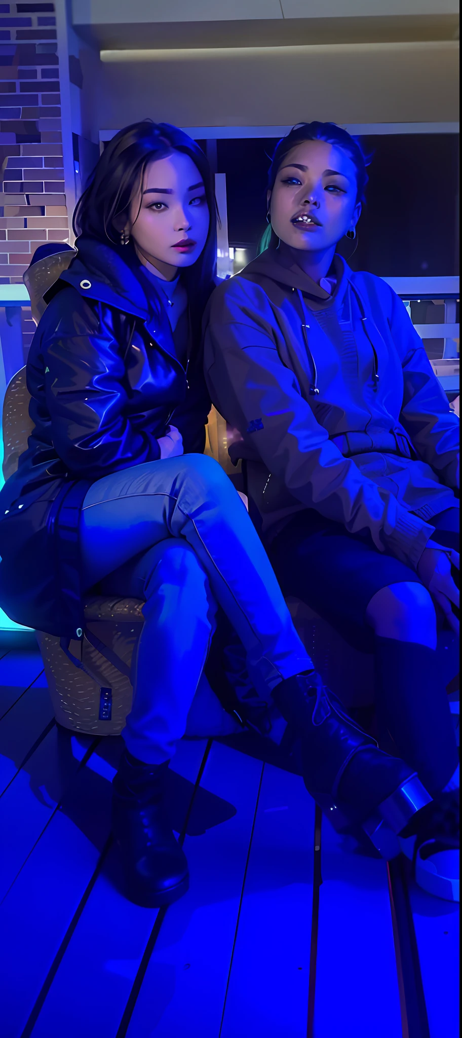 there are two women sitting on a bench in front of a window, chillin at the club together, sitting on ice throne, sitting down casually, extremely moody blue lighting, on an icy throne, wearing a neon blue hoodie, photo taken at night, taken on a 2010s camera, sitting on top of a cryopod, at future neon light rooftop