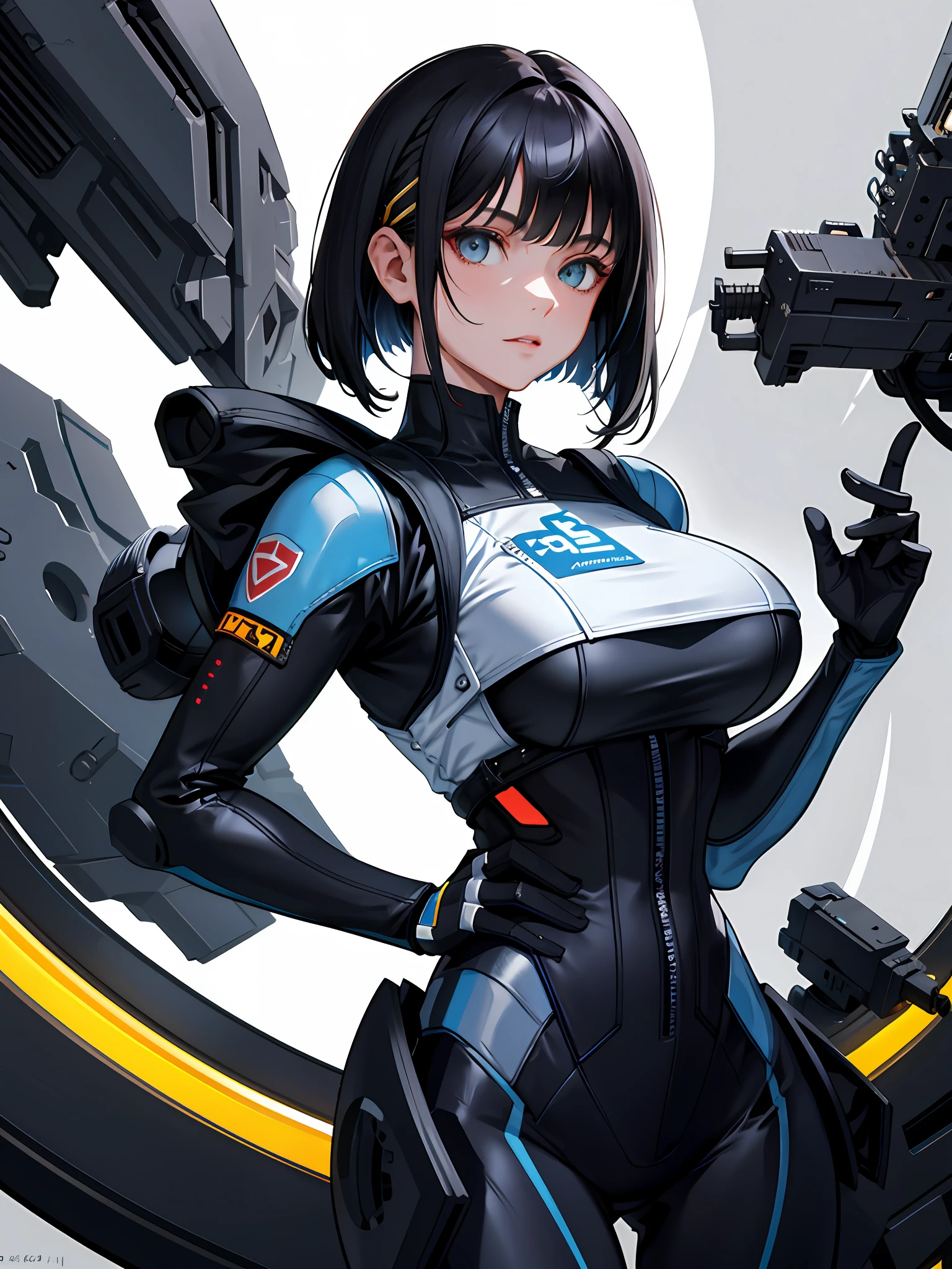 (highest resolution, distinct_image), best quality, depiction thick, face, upper body, masterpiece, semi-realistic, short black haired woman,, triple bangs, black uniform, plug suit, spaceship space, control room, commander