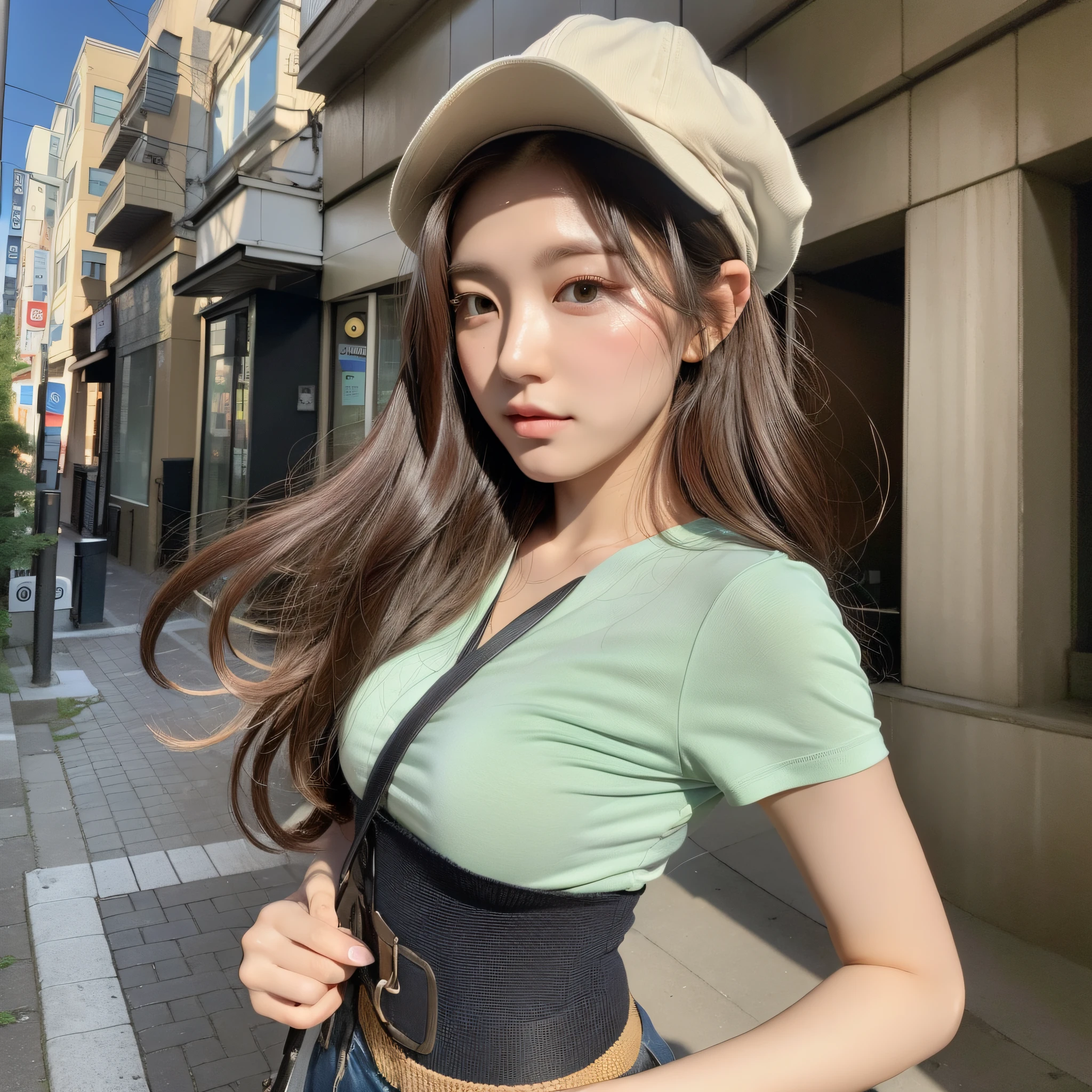 ((Best Quality, 8K, Masterpiece: 1.3)), (Japanese Cap: 1.3), Focus: 1.2, Perfect Body Beauty: 1.4, Buttocks: 1.2, (Layered Haircut: 1.2)), (Dark Street: 1.3), Highly Detailed Face and Skin Texture, Fine Eyes, Double Eyelids, Whitened Skin, Long Hair, (Round Face: 1.5), (Short Sleeves, Shorts: 1.6)