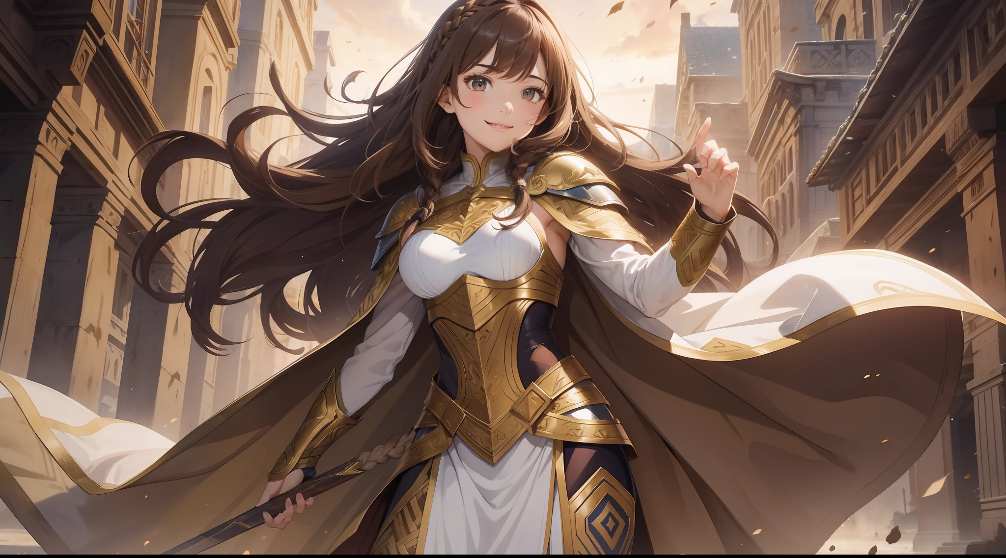 watercolor, warrior, brown hair, brown eyes, beautiful breasts, braided hair, hair between eyes, bangs, full body, confident, heroic posture, smiling, white and gold armor, cape, costume, medieval, at dusk