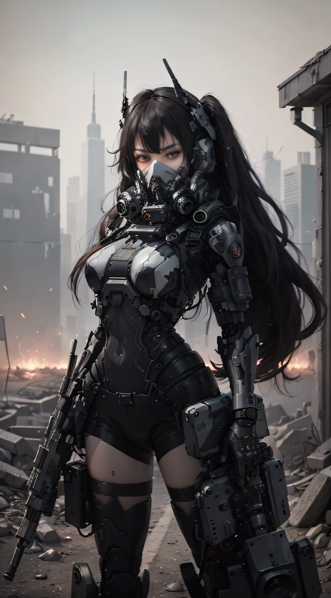 This is a CG Unity 8k wallpaper with ultra-detailed, high-resolution and top quality in cyberpunk style, dominated by black and red. In the picture, a beautiful girl with long hair with white messy hair, a delicate face, wearing a steam mecha mask, standing on the ruins, (battle damage: 2.5), and the action of a woman holding a heavy sniper rifle in her hand,