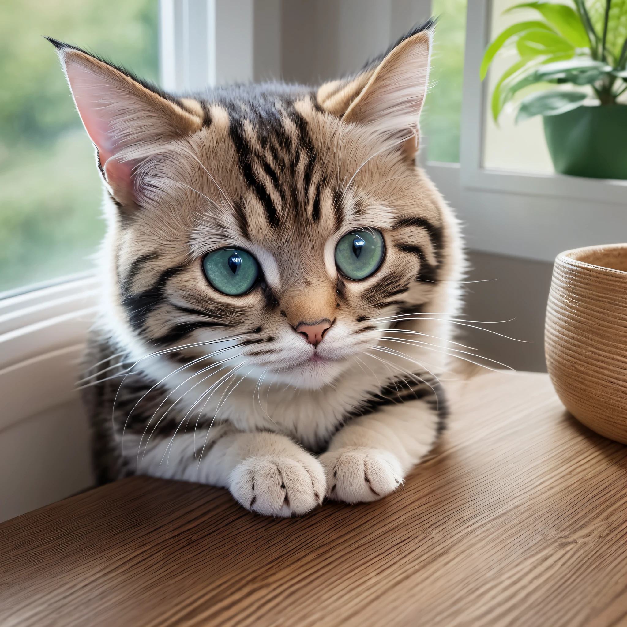 cute tiny hyper realistic American Bobtail Cat lay leisurely on the table by the window,Enjoying the warmth of sunshine,Anime full chibi body,fluffy,chibi,adorable,logo design,cartoon,cinematic lighting effect,charming,3D vector art,cute and quirky,fantasy art,bokeh,hand-drawn,digital painting,soft lighting,isometric style,4K resolution,photorealistic rendering,highly detailed clean,vector image,photorealistic masterpiece,professional photography,simple space backdrop,flat white background,isometric,vibrant vector,
