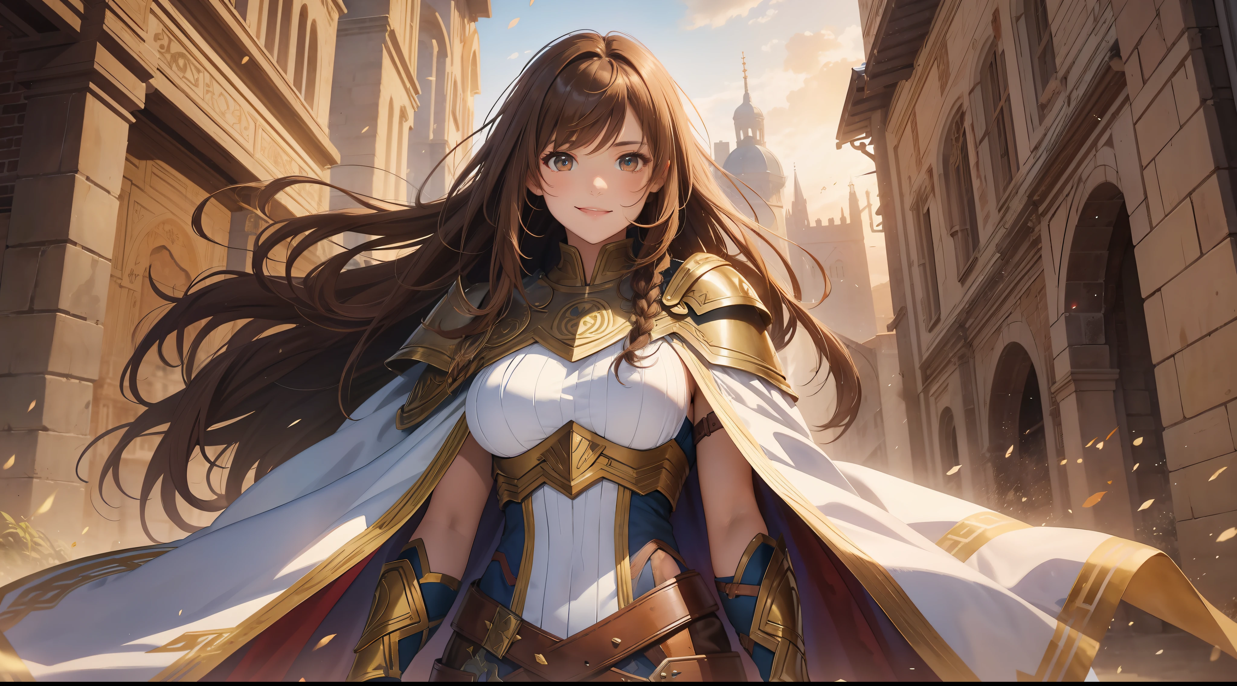 watercolor, warrior, brown hair, brown eyes, beautiful breasts, braided hair, hair between eyes, bangs, full body, confident, heroic posture, smiling, white and gold armor, cape, costume, medieval, at dusk