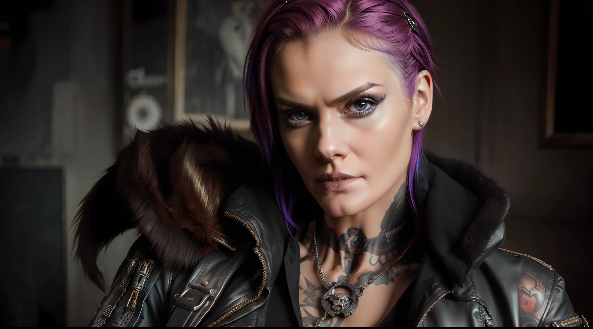 beautiful punk girl scull, mad max jacket, rebirth, cables on her body, hyper realistic style, oil painting, Olga Fedorova costume
