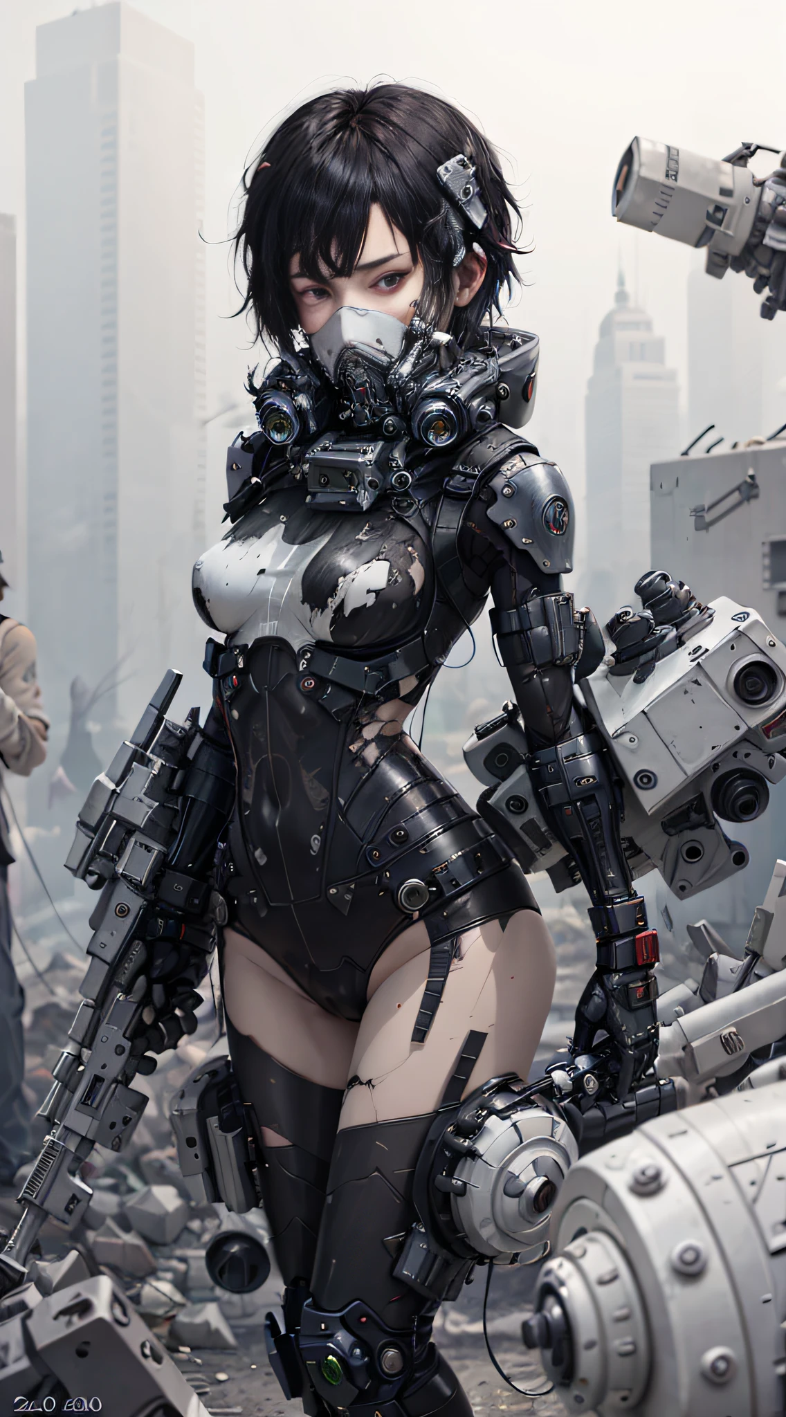 This is a CG Unity 8k wallpaper with ultra-detailed, high-resolution and top quality in cyberpunk style, dominated by black and red. In the picture, a beautiful girl with white messy short hair, a delicate face, wearing a steam mecha mask, standing on the ruins, (battle damage: 2.0), the action of a woman holding a heavy sniper rifle, (torn clothes: 2.0),