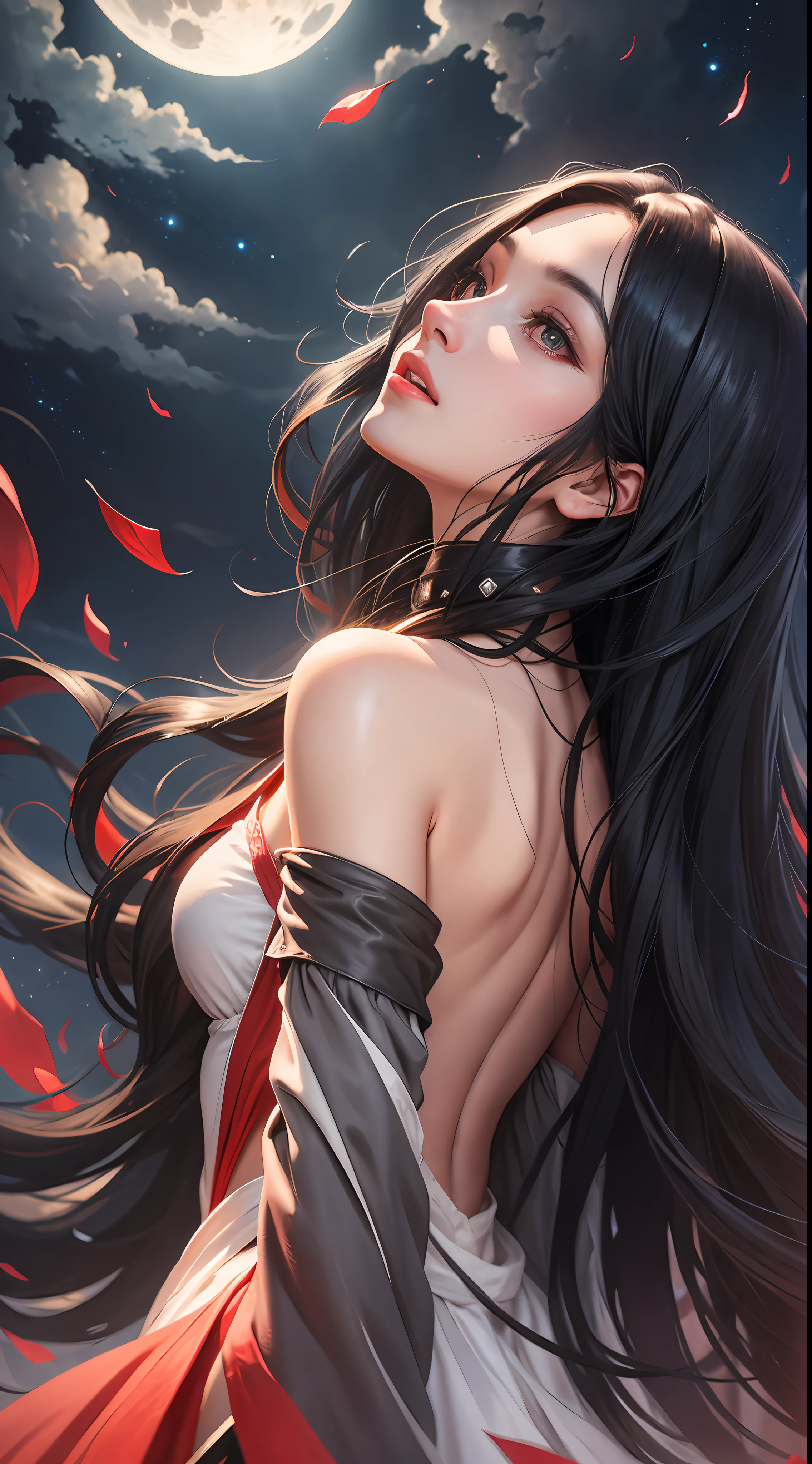 Woman, back, long black hair, looking up at the sky, large sky, night, bright moon, dancing, wearing red tunics, movie lighting, textured skin --auto --s2