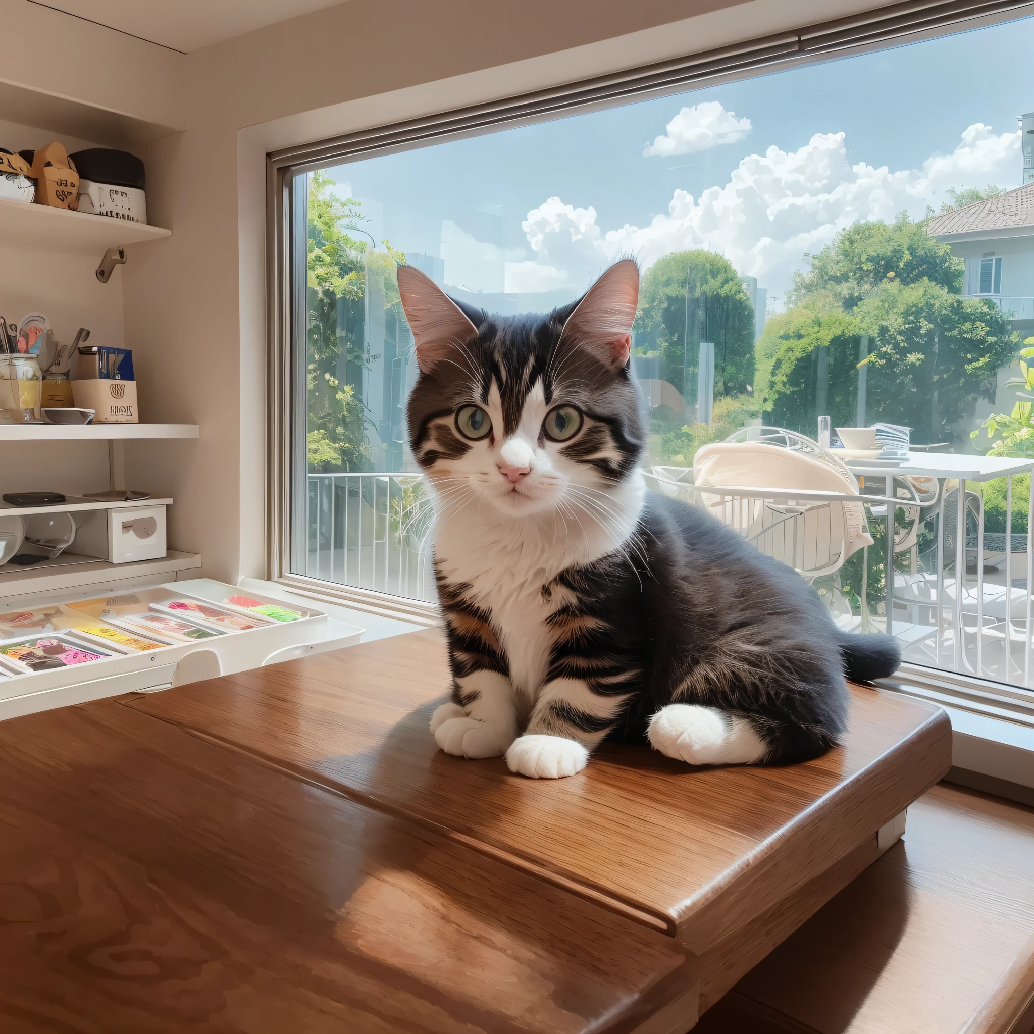 cute tiny hyper realistic American Bobtail Cat lay leisurely on the table by the window,Enjoying the warmth of sunshine,Anime full chibi body,fluffy,chibi,adorable,logo design,cartoon,cinematic lighting effect,charming,3D vector art,cute and quirky,fantasy art,bokeh,hand-drawn,digital painting,soft lighting,isometric style,4K resolution,photorealistic rendering,highly detailed clean,vector image,photorealistic masterpiece,professional photography,isometric,vibrant vector,