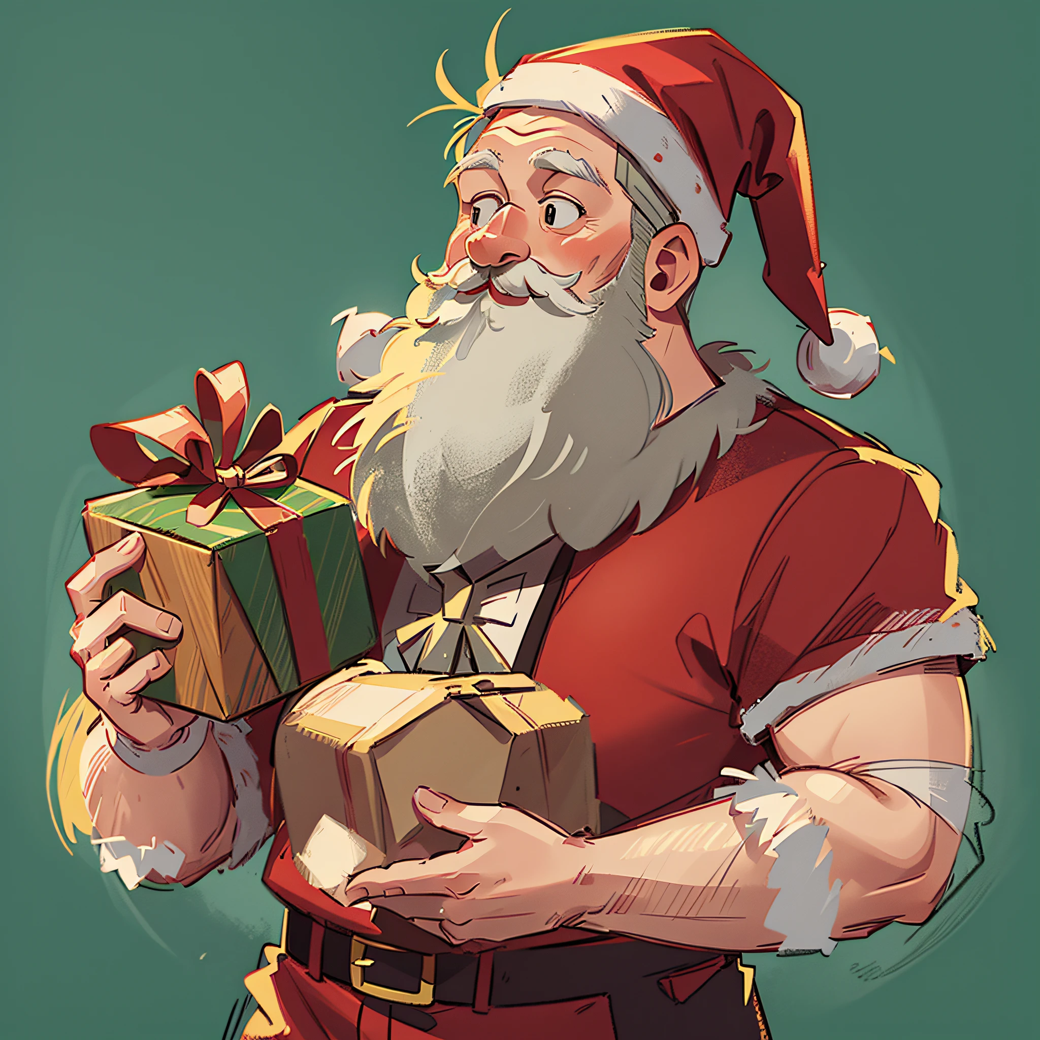 Santa Claus holding Christmas presents in his hands, white beard, Christmas night, cartoon illustration style, vintage tones, Christmas tree,
