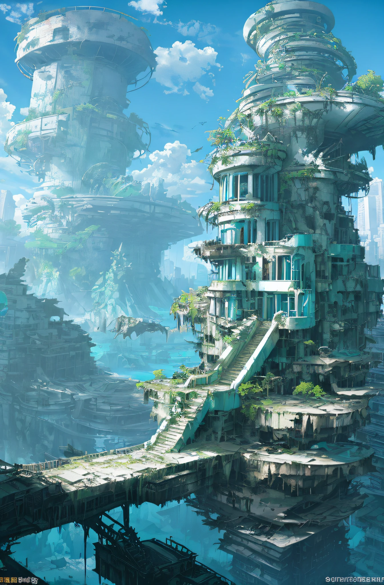 ConceptArt, (ruins), water flooded city, uninhabited, landscape, water, sky, daytime, modern style architecture, stairs, outdoor, architecture, nature, river, blue sky, rainforest biome, unconventional plant community, perfect layout, perspective, constructive approach, industrial staircase, (rusty, pile of broken windows)