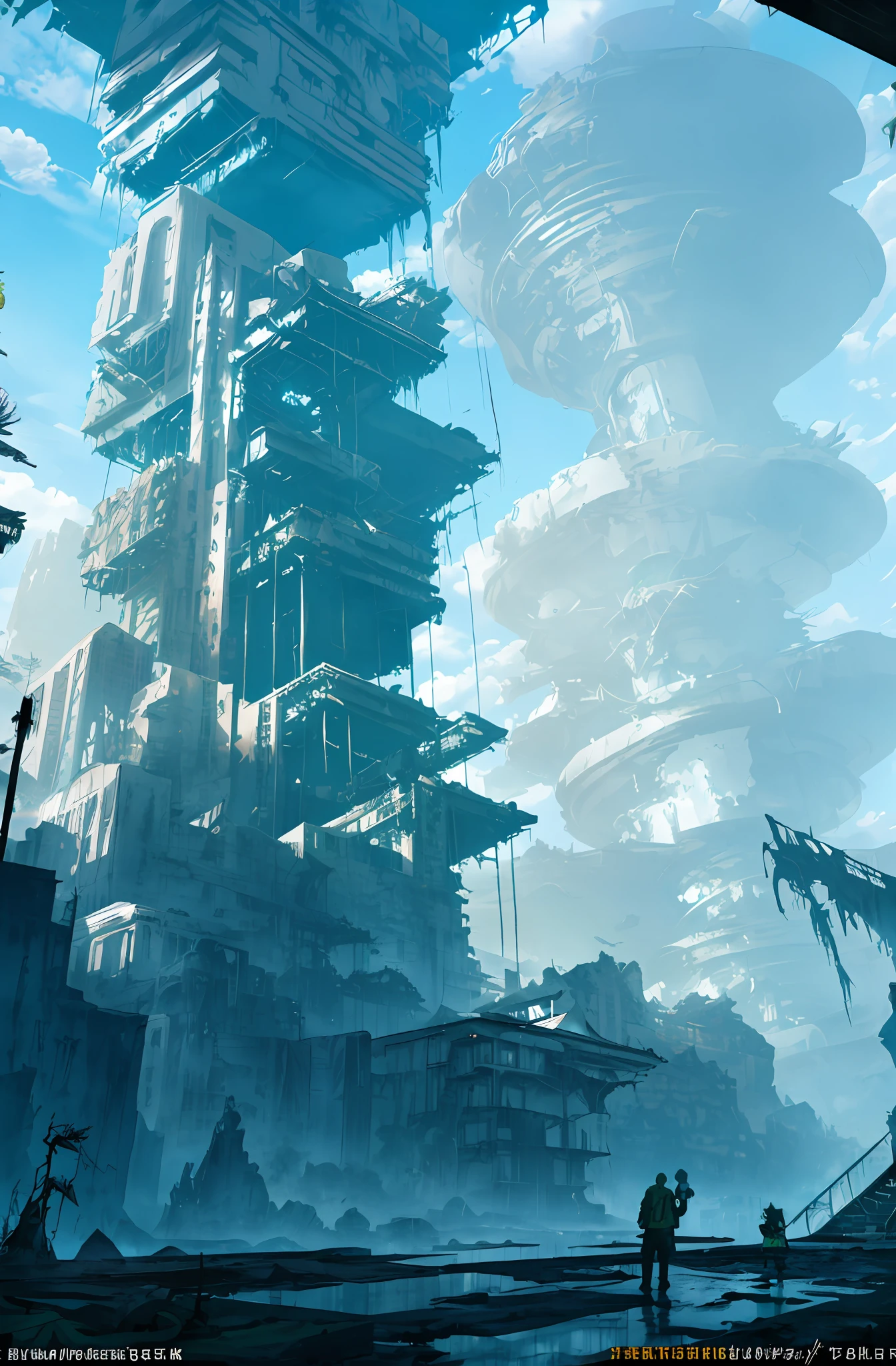 ConceptArt, (ruins), water flooded city, uninhabited, landscape, water, sky, daytime, modern style architecture, stairs, outdoor, architecture, nature, river, blue sky, rainforest biome, unconventional plant community, perfect layout, perspective, constructive approach, industrial staircase, (rusty, pile of broken windows)
